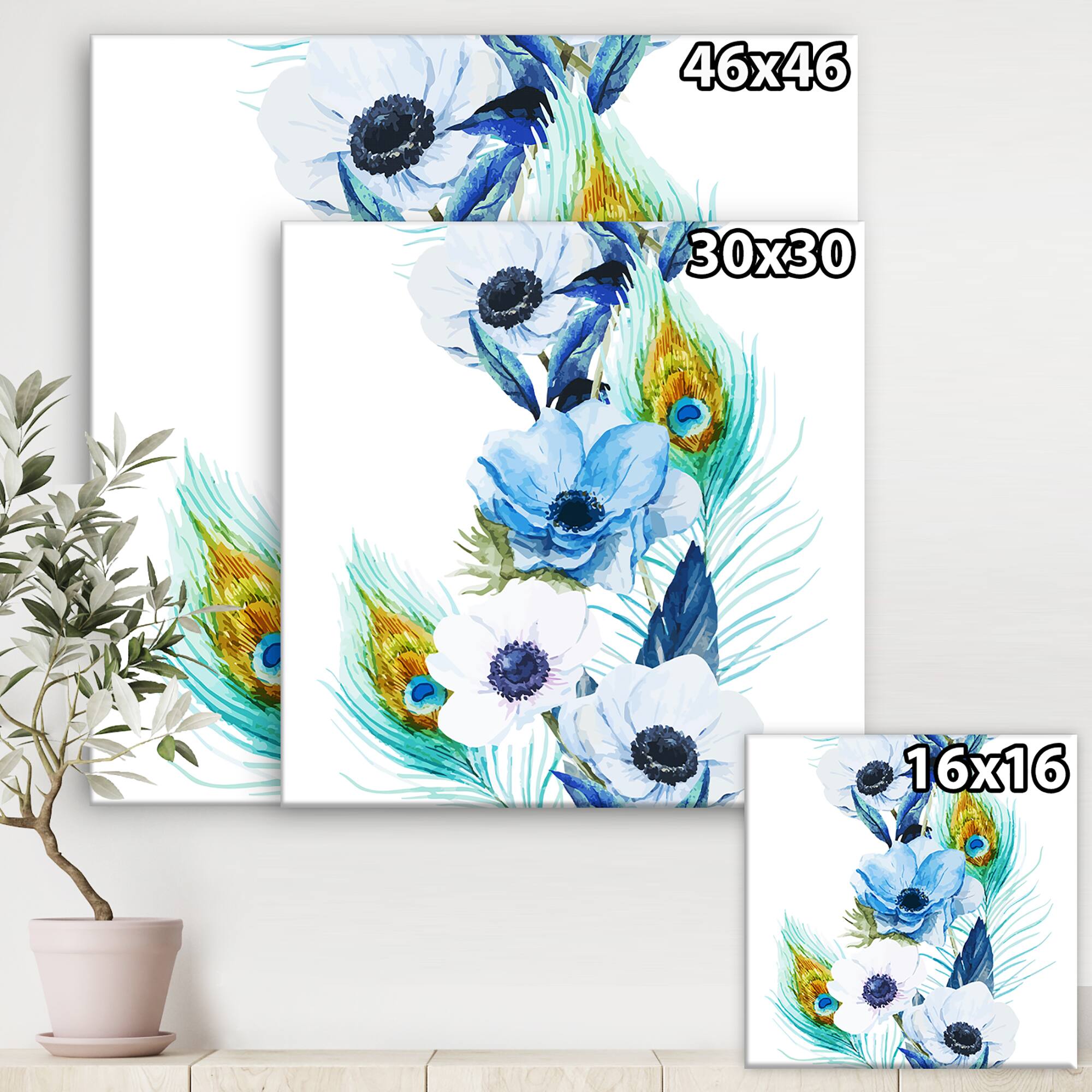 Designart - Handpainted Anemones And Peacock Feathers - Floral Canvas Art