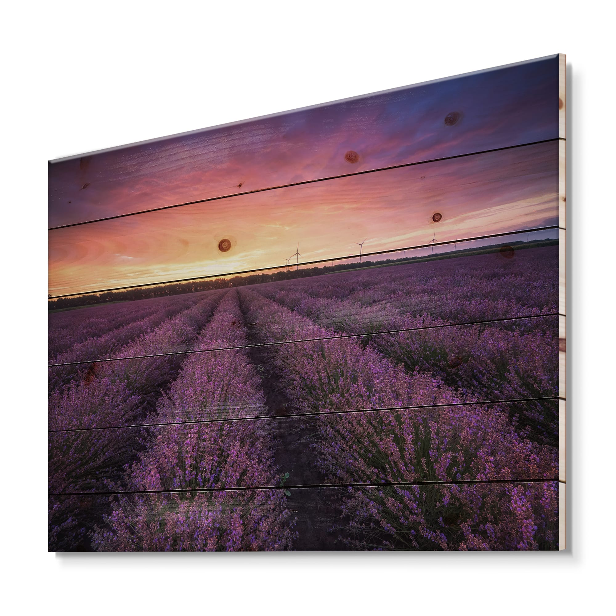 Designart - Sunrise &#x26; Dramatic Clouds Over Lavender Field XIII - Farmhouse Print on Natural Pine Wood