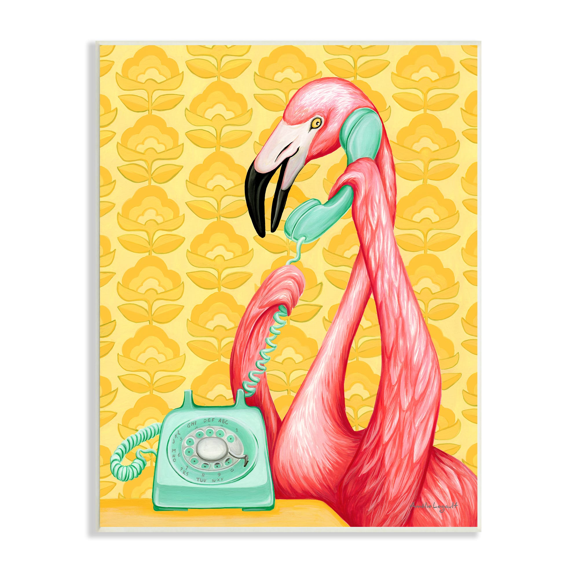 Stupell Industries Flamingo Calling Dial Telephone Groovy Flowers Wall Plaque Art