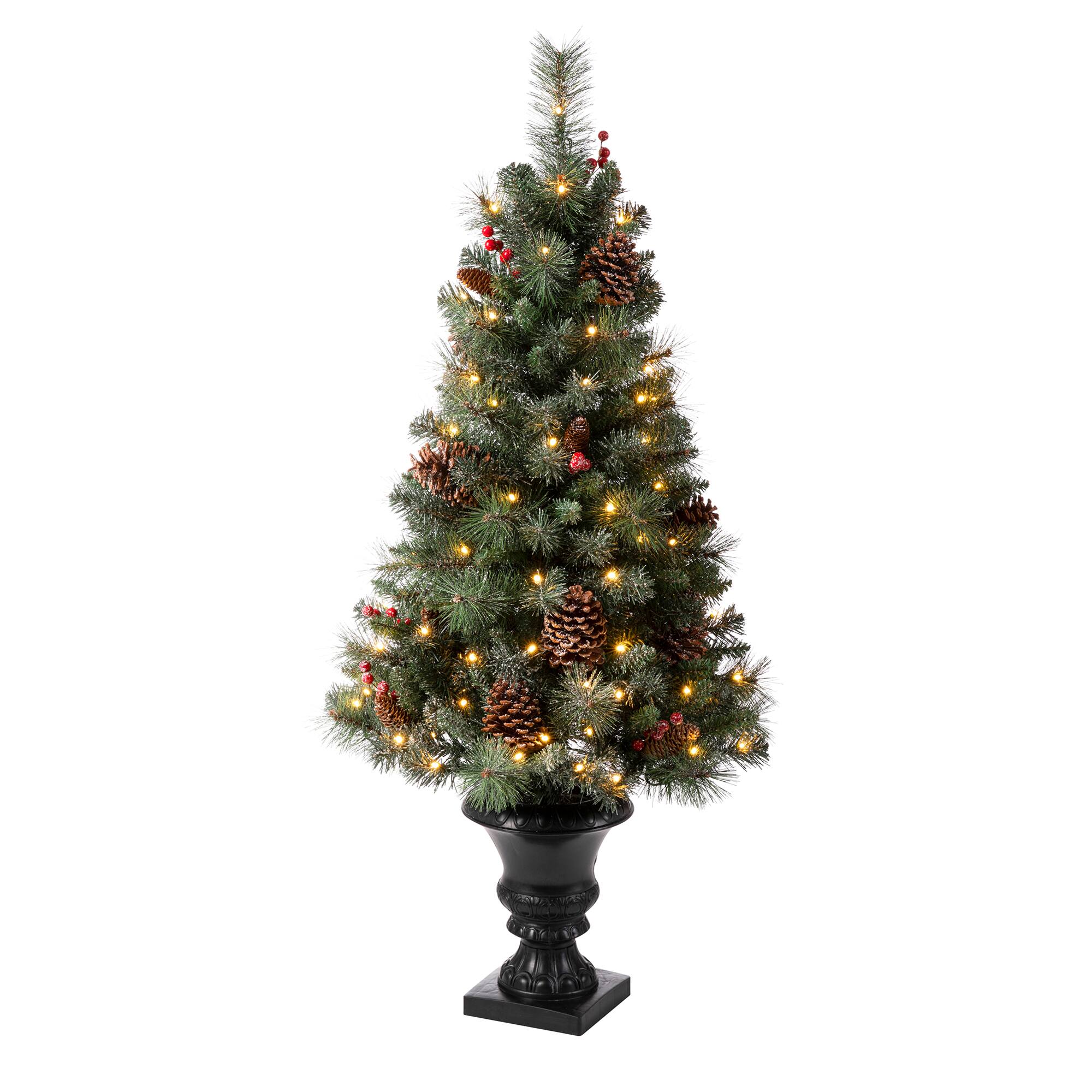 2 Pack 4ft. Pre-Lit Flocked Pinecone & Berry Fir Artificial Christmas Tree in Planter, Warm White Lights