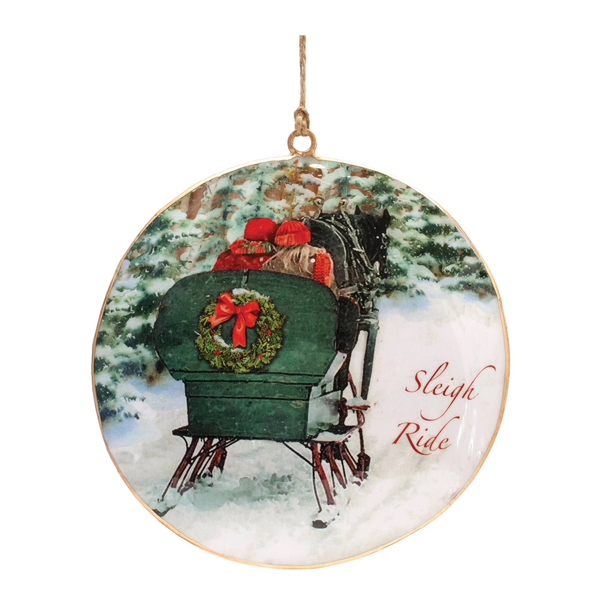6 Pack 6" Couple Sleigh Ride Metal Disc Ornaments