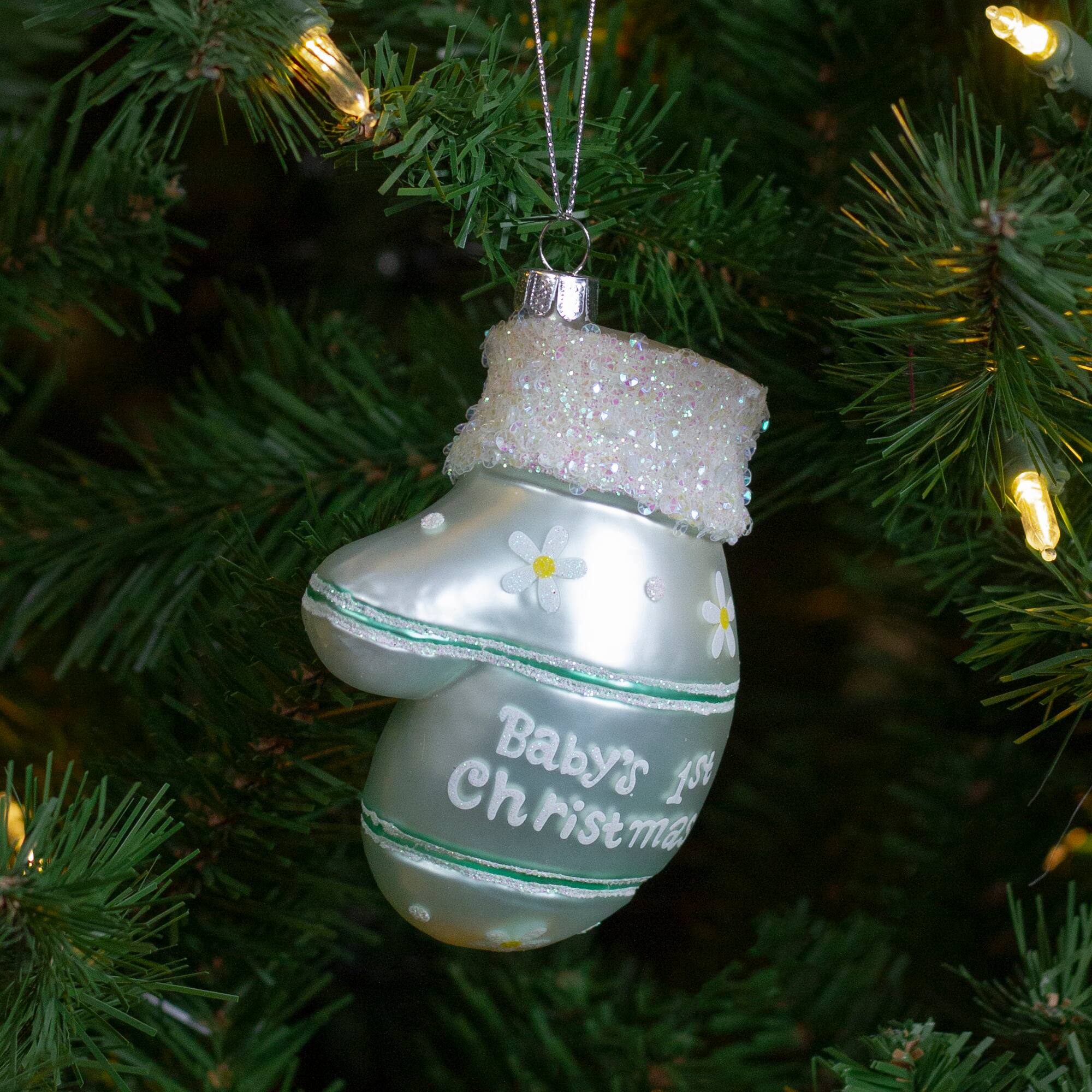 Mint Green Baby's 1st Christmas Mitten Glass Ornament