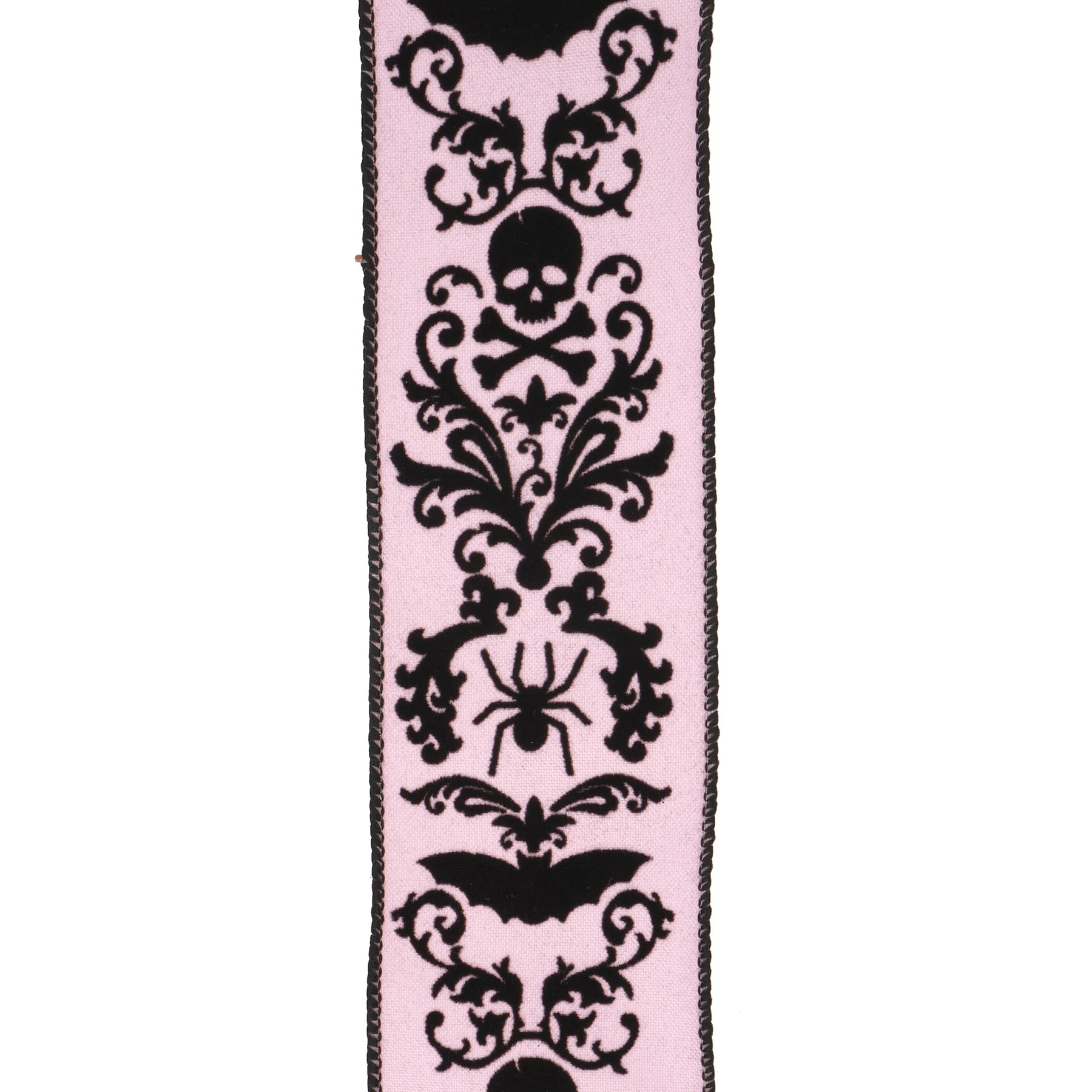 2.5&#x22; x 20ft. Black &#x26; Pink Flocked Damask Skulls Wired Ribbon by Celebrate It&#xAE; Halloween