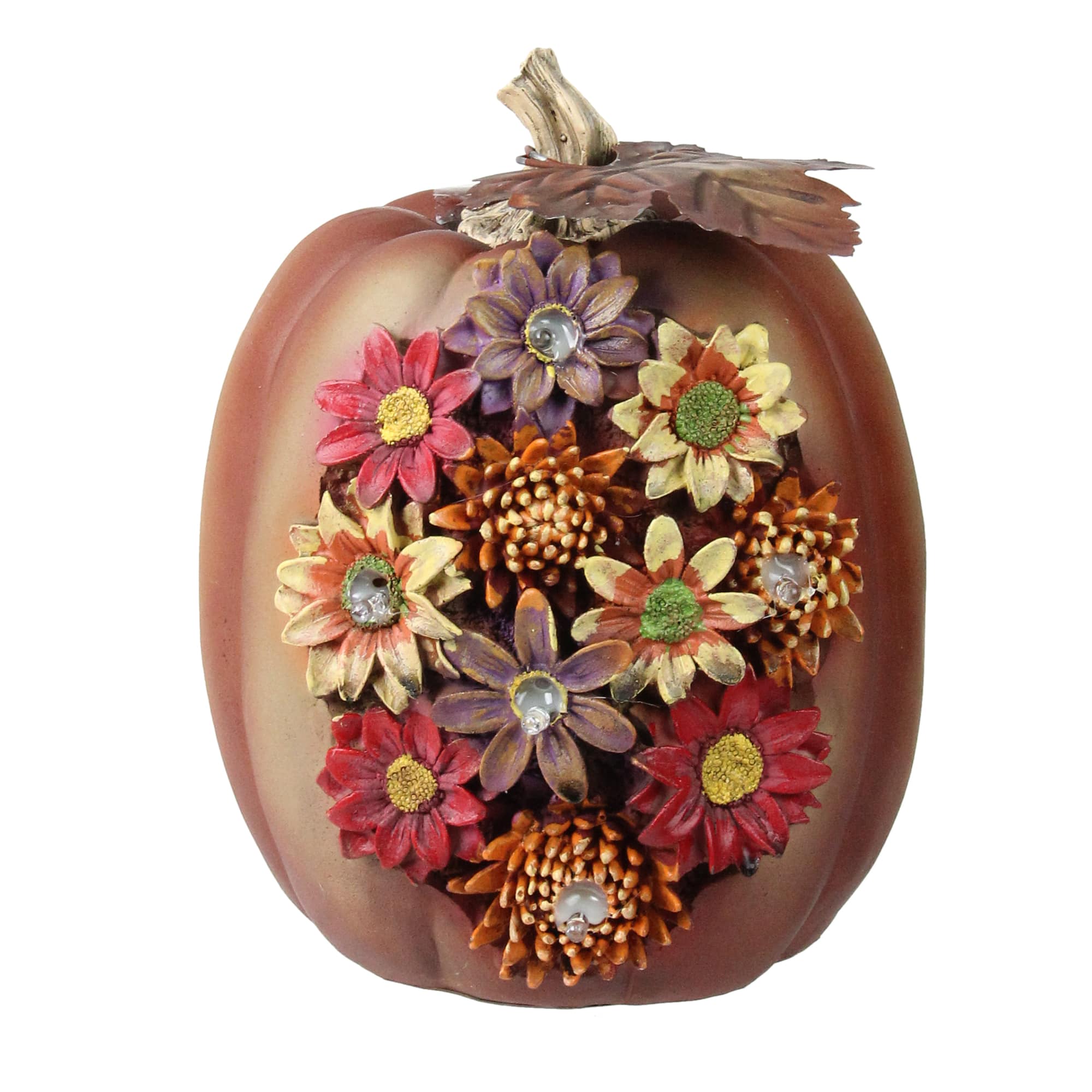 7.75&#x22; Brown &#x26; Red LED Floral Pumpkin Tabletop D&#xE9;cor