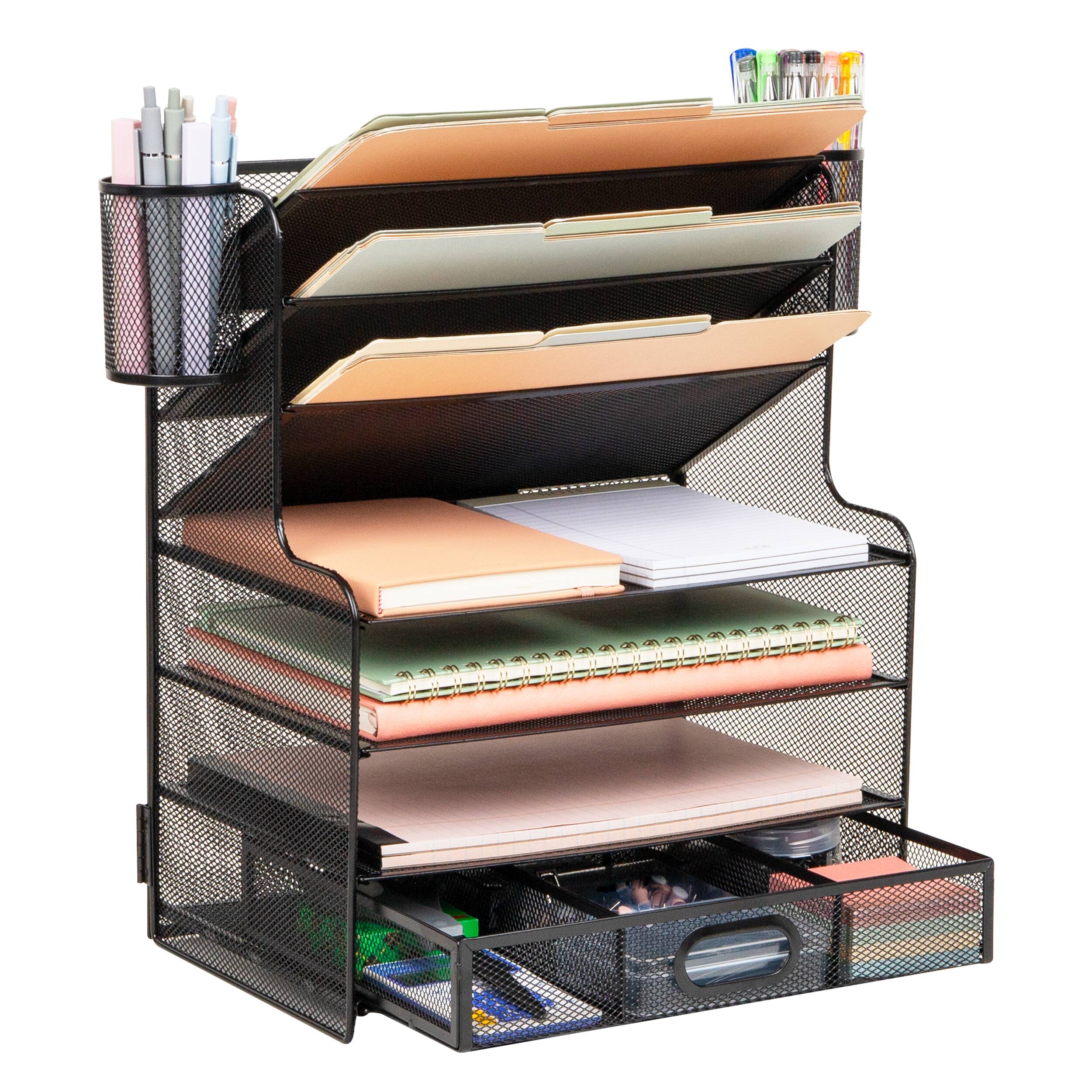 Mind Reader Mesh Desk Organizer, 6 Compartments, 1 Drawer, 2 Pen Cups, Office Desktop Organizer, Metal Mesh, Black