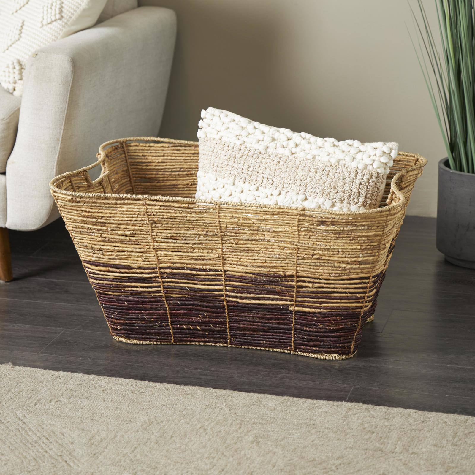 30" Brown Seagrass Handmade Oversized Color Block Storage Basket with Slot Handles