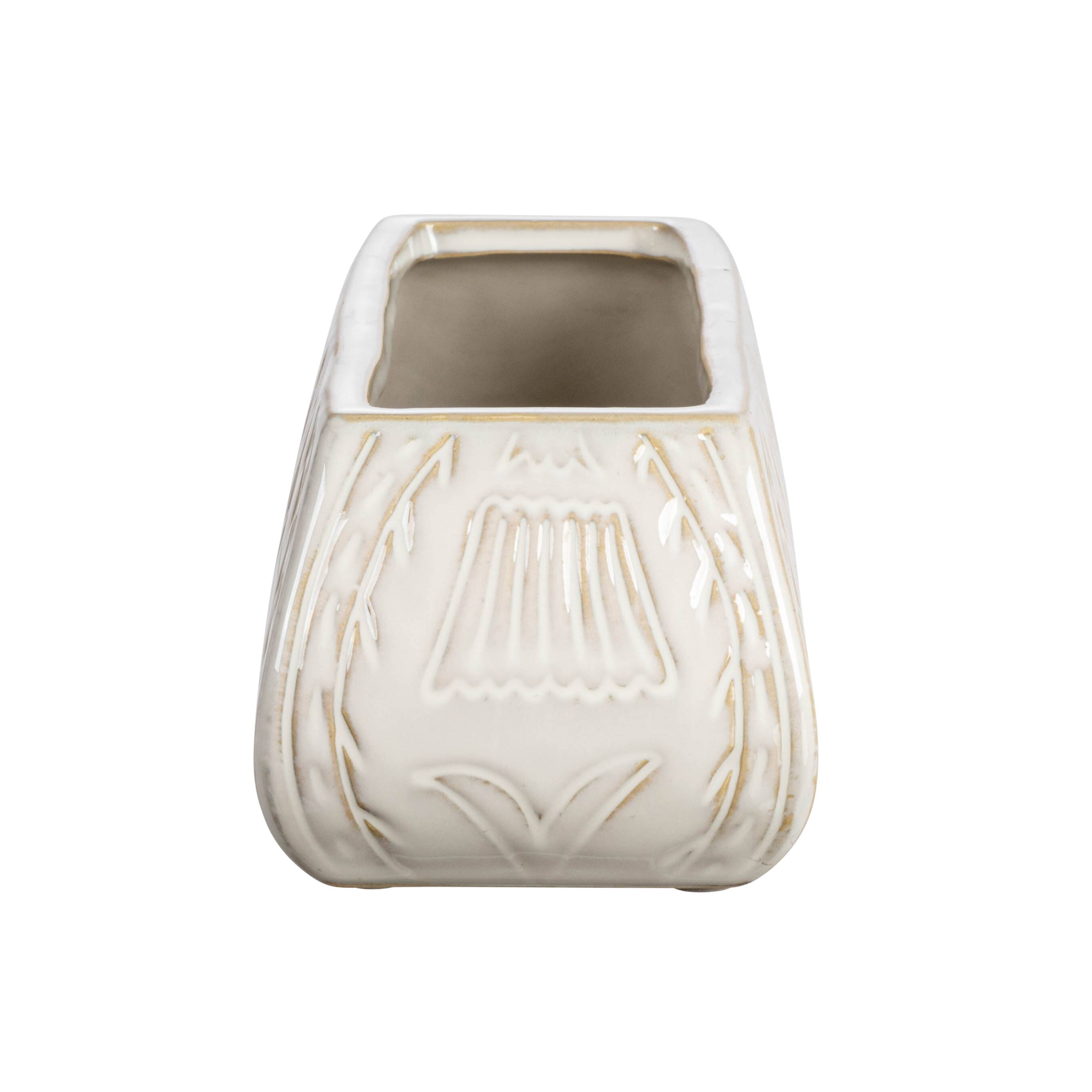 Hello Honey® 10" White Stoneware Planter with Etched Flower Design