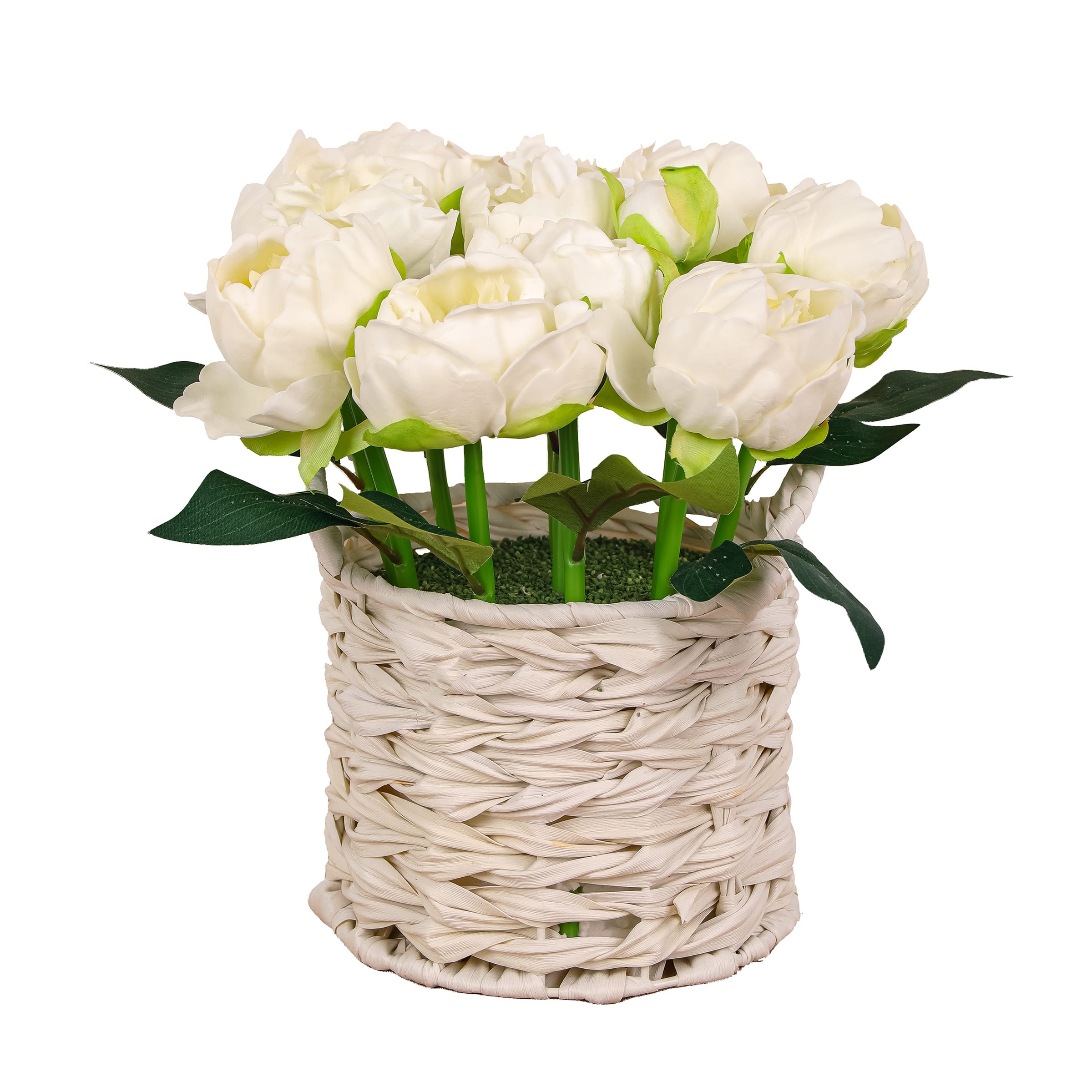 10" Peony Flower Bouquet In White Basket