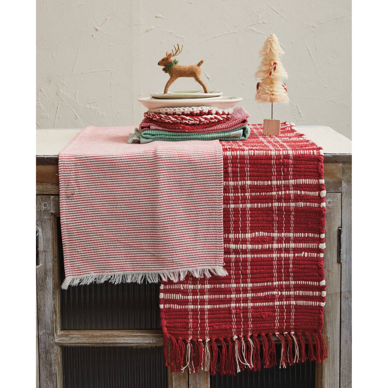 Hello Honey&#xAE; 108&#x22; Red &#x26; White Woven Cotton Table Runner with Stripes &#x26; Fringe