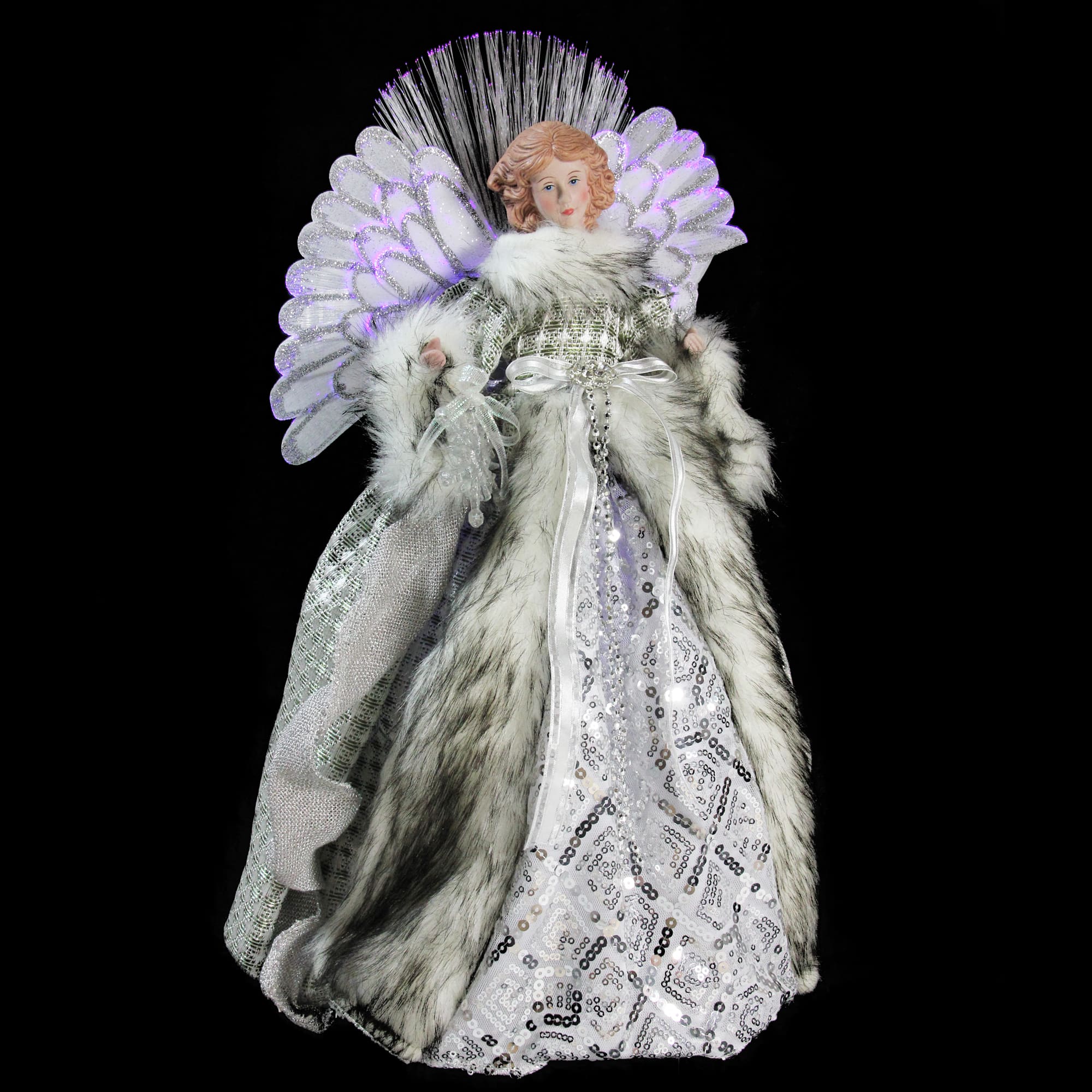 16&#x22; Lighted Fiber Optic Angel in Silver Gingham Coat Tree Topper