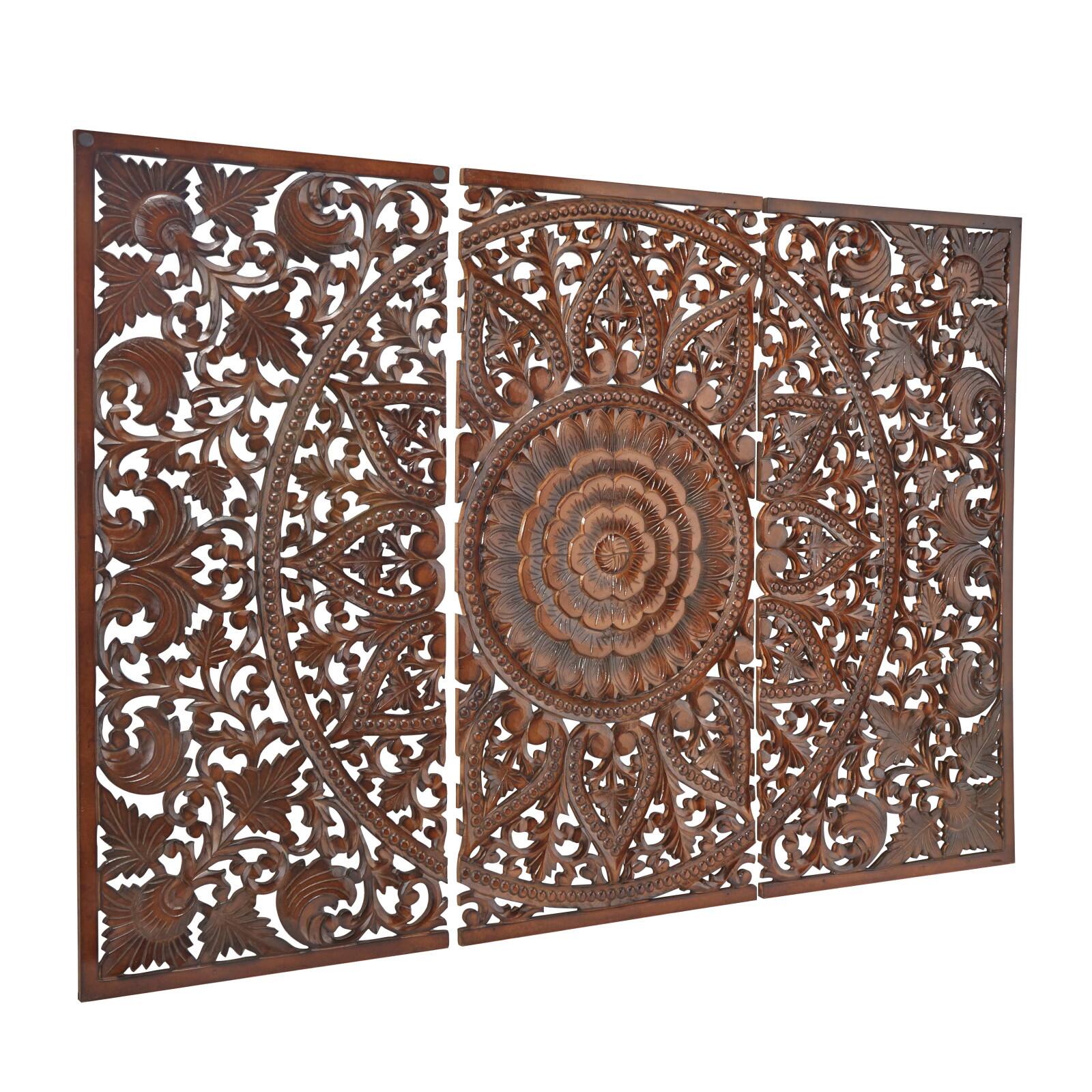 Brown Wood Handmade Intricately Carved Floral Wall Decor with Mandala Design Set of 3 22&#x22;, 48&#x22;