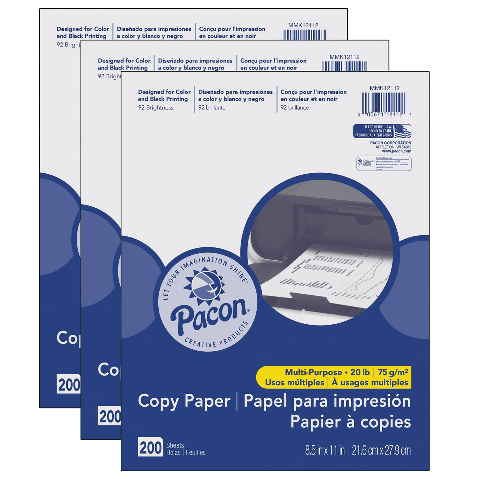 Pacon® White Multi-Purpose 8.5" x 11" Paper, 3 Packs of 200