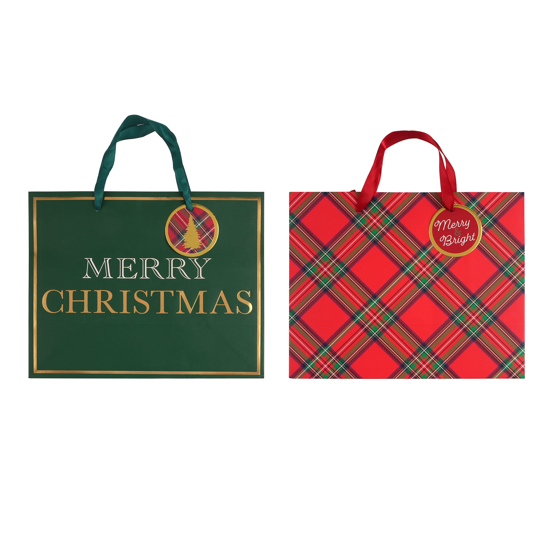 10&#x22; Green Merry Christmas &#x26; Red Plaid Gift Bag Set by Celebrate It&#xAE;