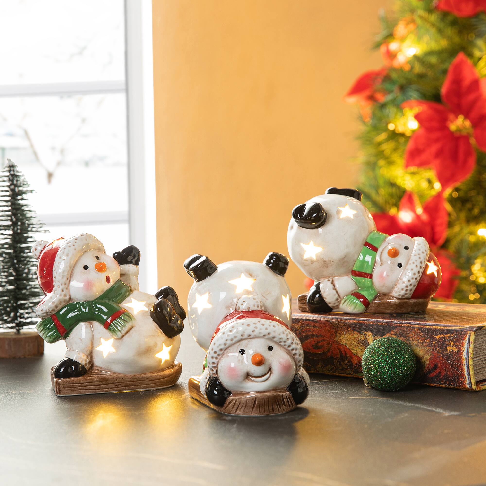 Glitzhome® Lighted Ceramic Snowman Table Décor Set