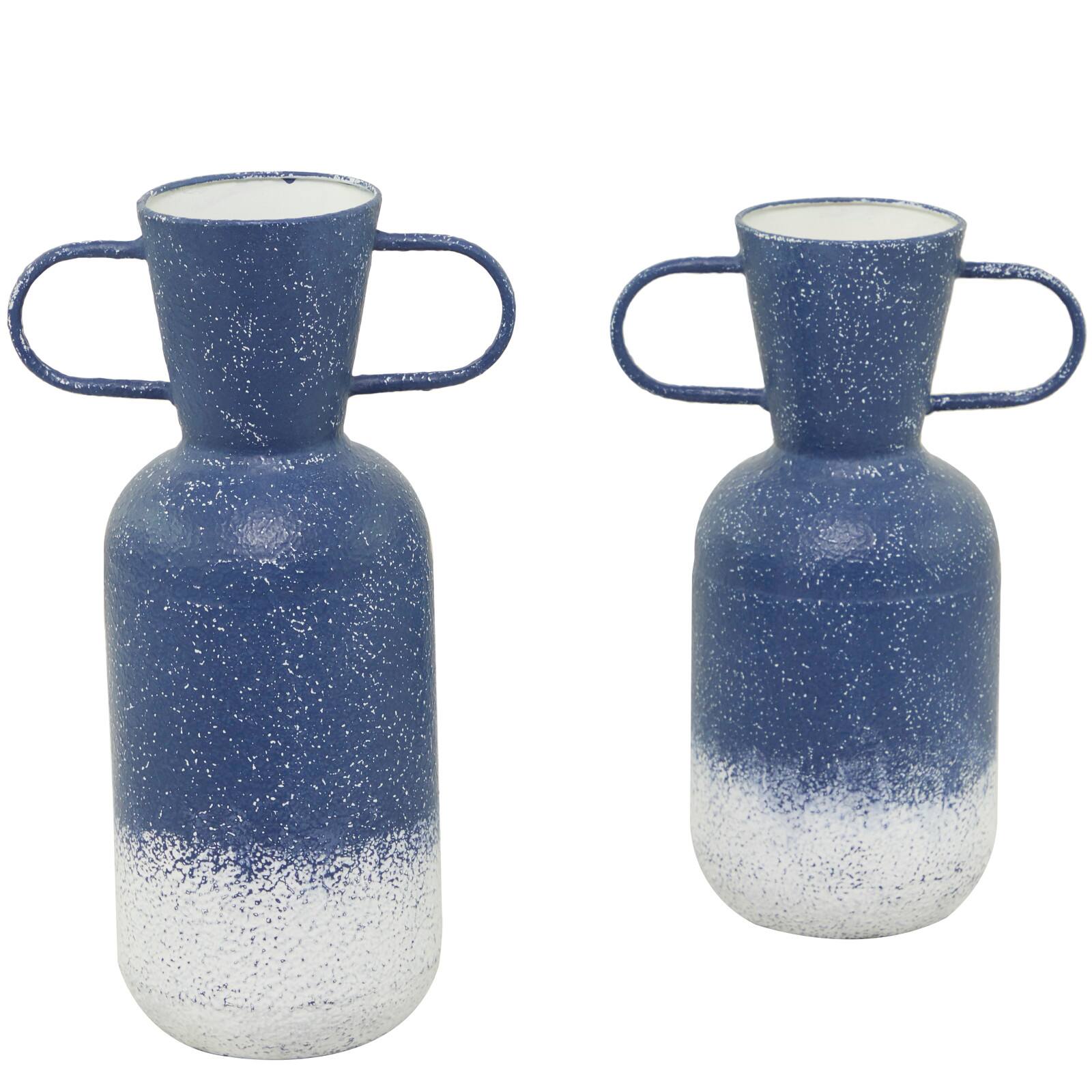 Blue Metal Vase with Handles Set of 2 17", 15"