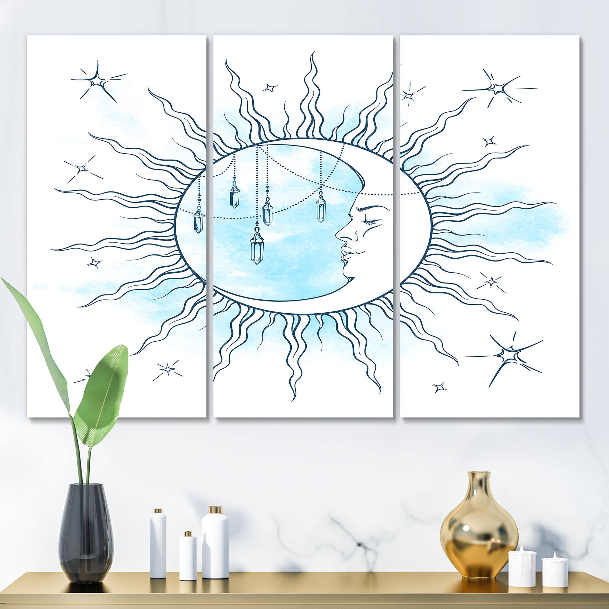 Designart - Blue Crescent Moon With Moonstone Pendants & Stars