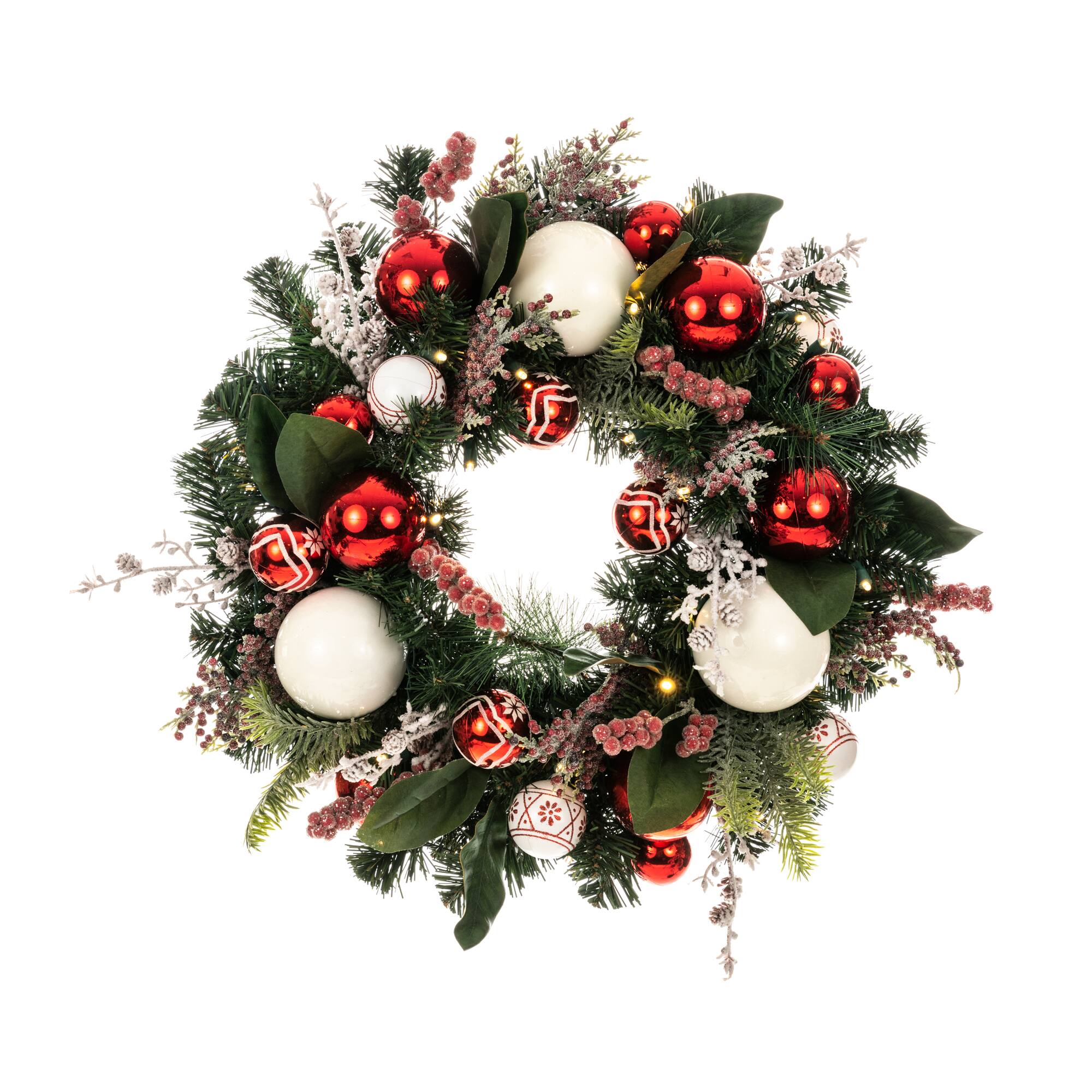 Village Lighting 24" Pre-Lit Nordic Christmas Wreath, Red & Clear LED Lights