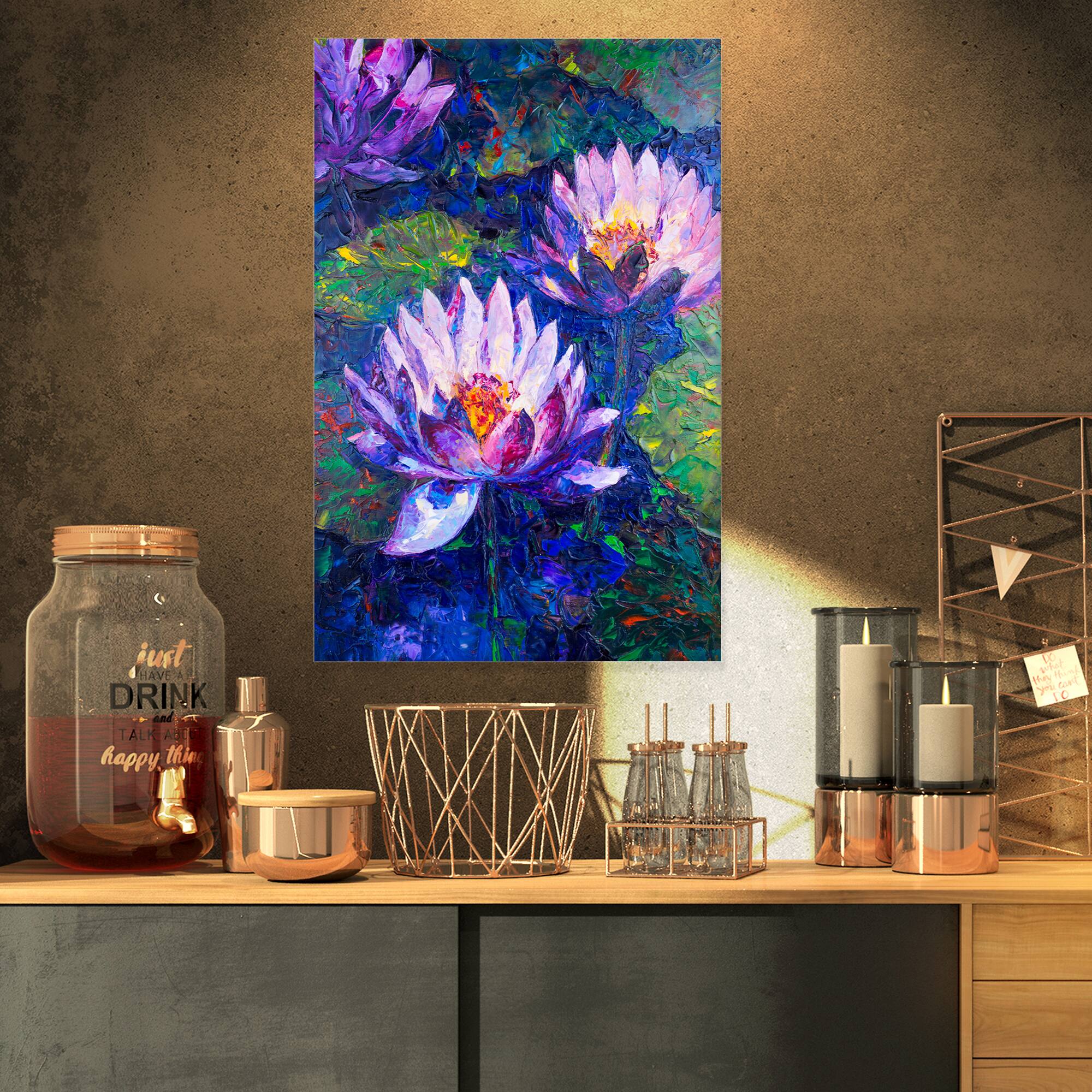 Designart - Blue Lotus Oil Painting - Floral Art Canvas Print