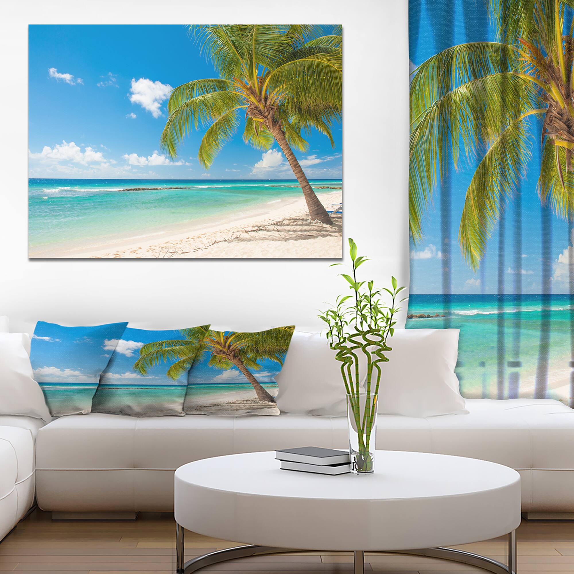 Designart - Palm tree over white sand - Landscapes Sea & Shore Photographic on wrapped Canvas