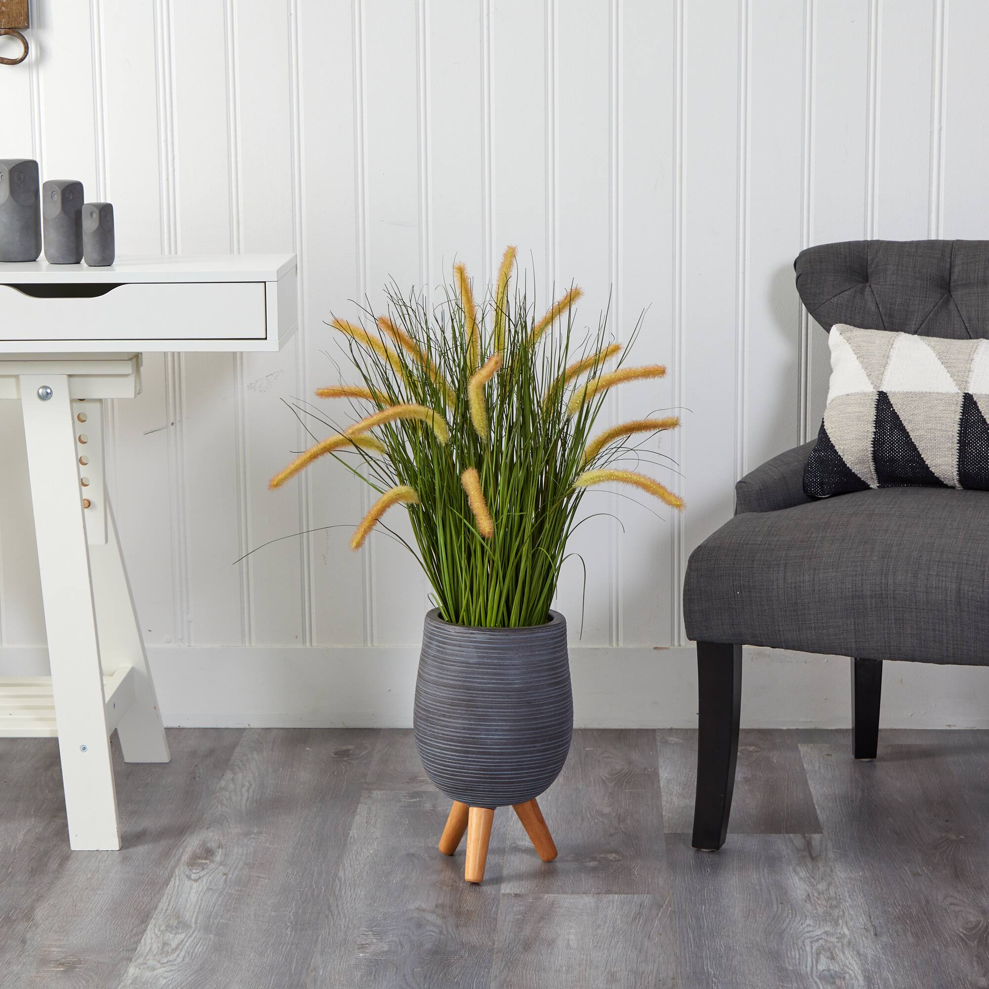 3ft. Onion Grass Plant in Gray Planter with Stand