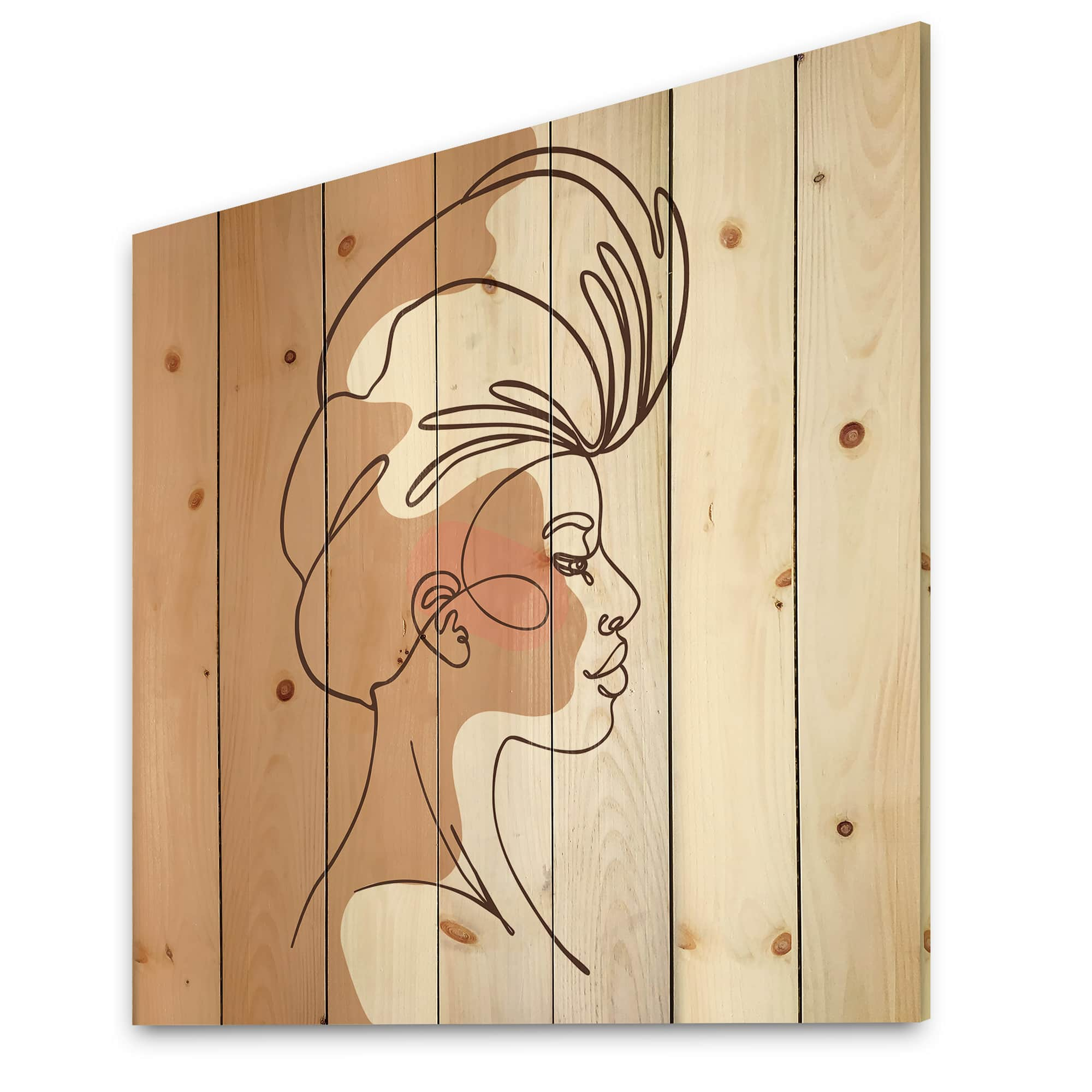 Designart - One Line Portrait of African American Woman II - Modern Print on Natural Pine Wood