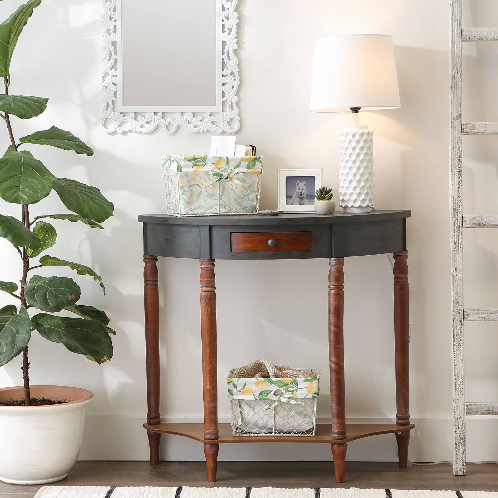 DII® Antique White Chicken Wire Baskets with Lemon Print Liners