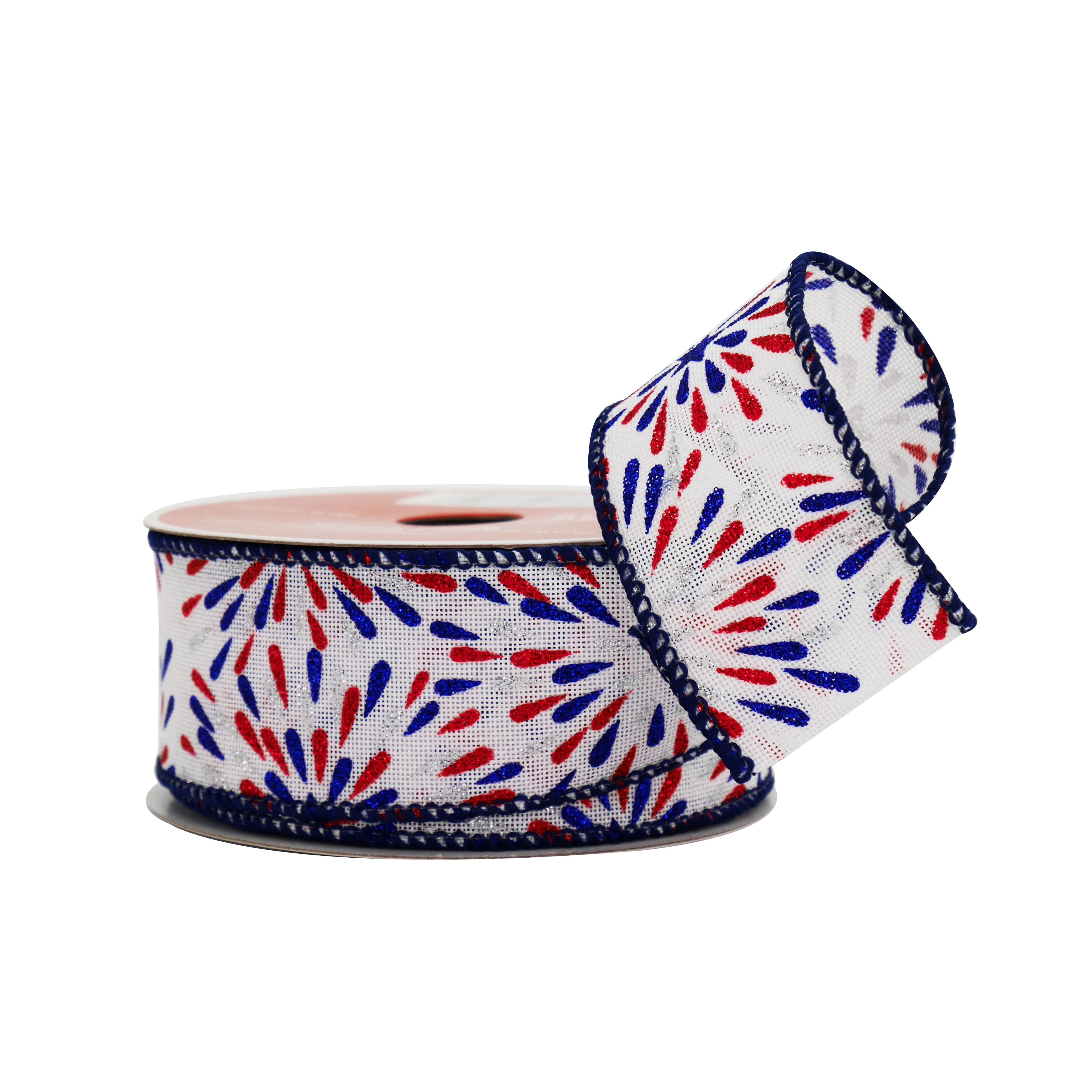 1.5&#x22; x 30ft. Fireworks Wired Faux Linen Ribbon by Celebrate It&#xAE; Red, White &#x26; Blue