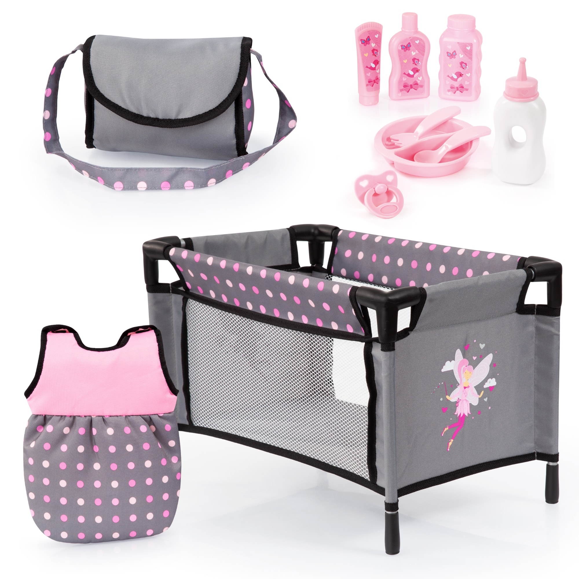 Bayer Design Black & Pink Dots Baby Doll Travel Bed & Accessories Set