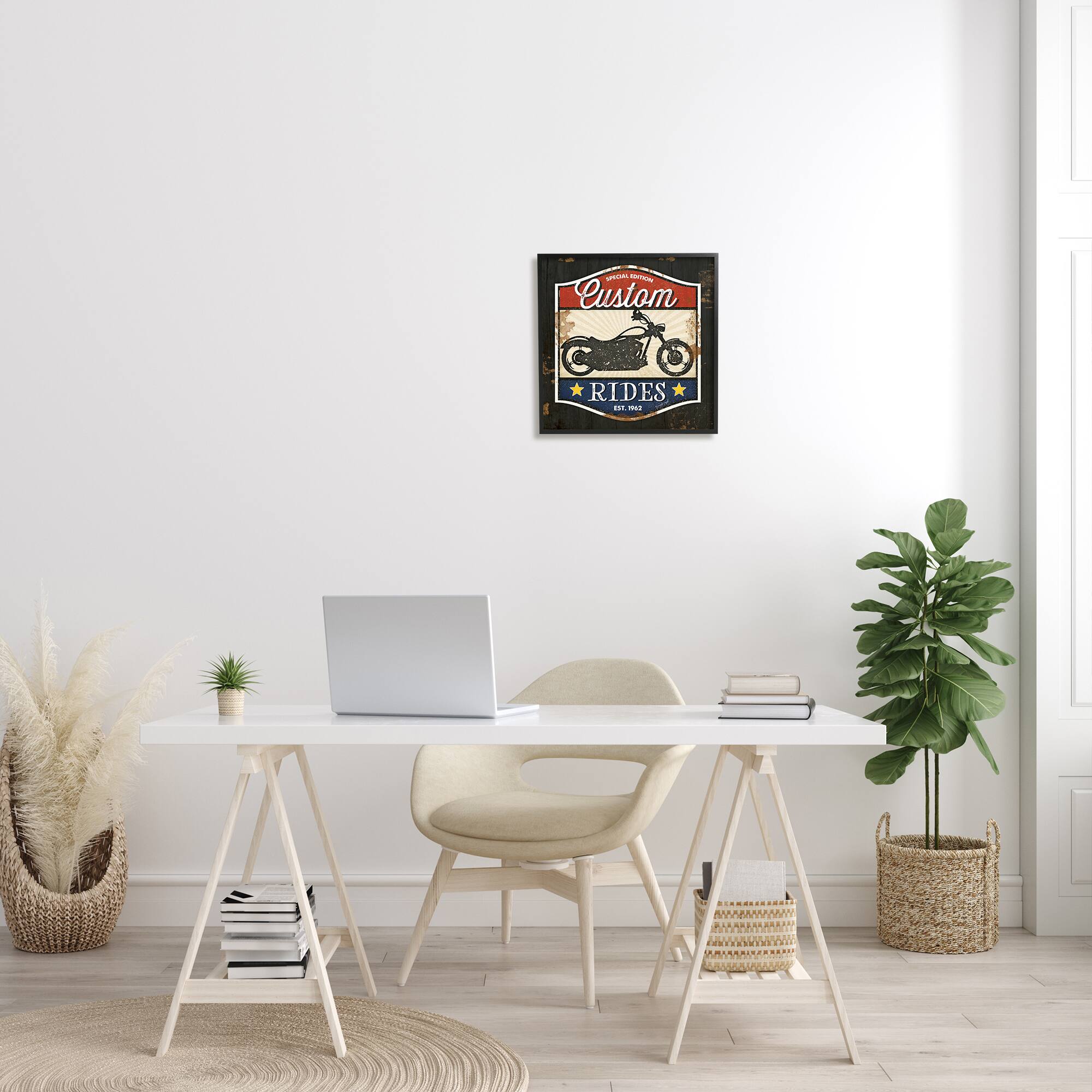 Stupell Industries Custom Rides Motorcycle Sign Vintage Americana Bike  in Black Frame Wall Art