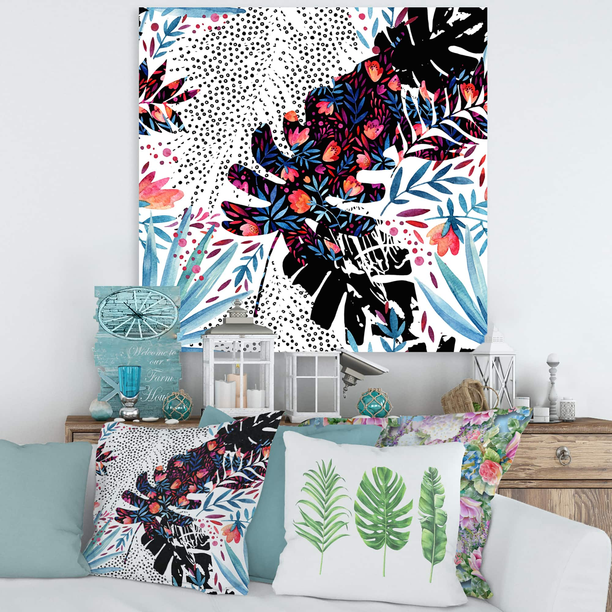 Designart - Tropical Floral Patchwork I - Tropical Canvas Wall Art Print