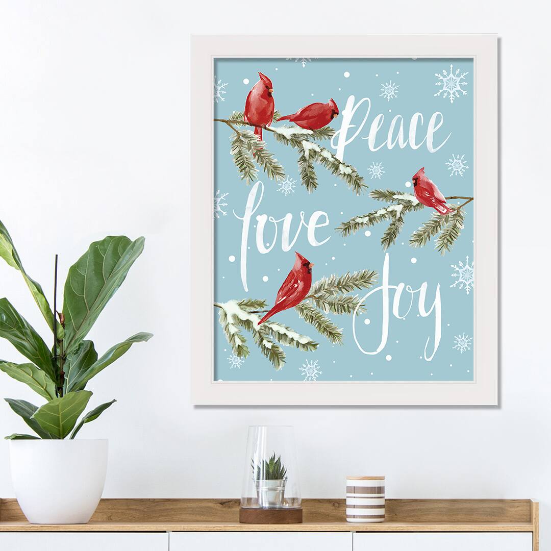 Peace Love Joy Cardinals White Framed Print