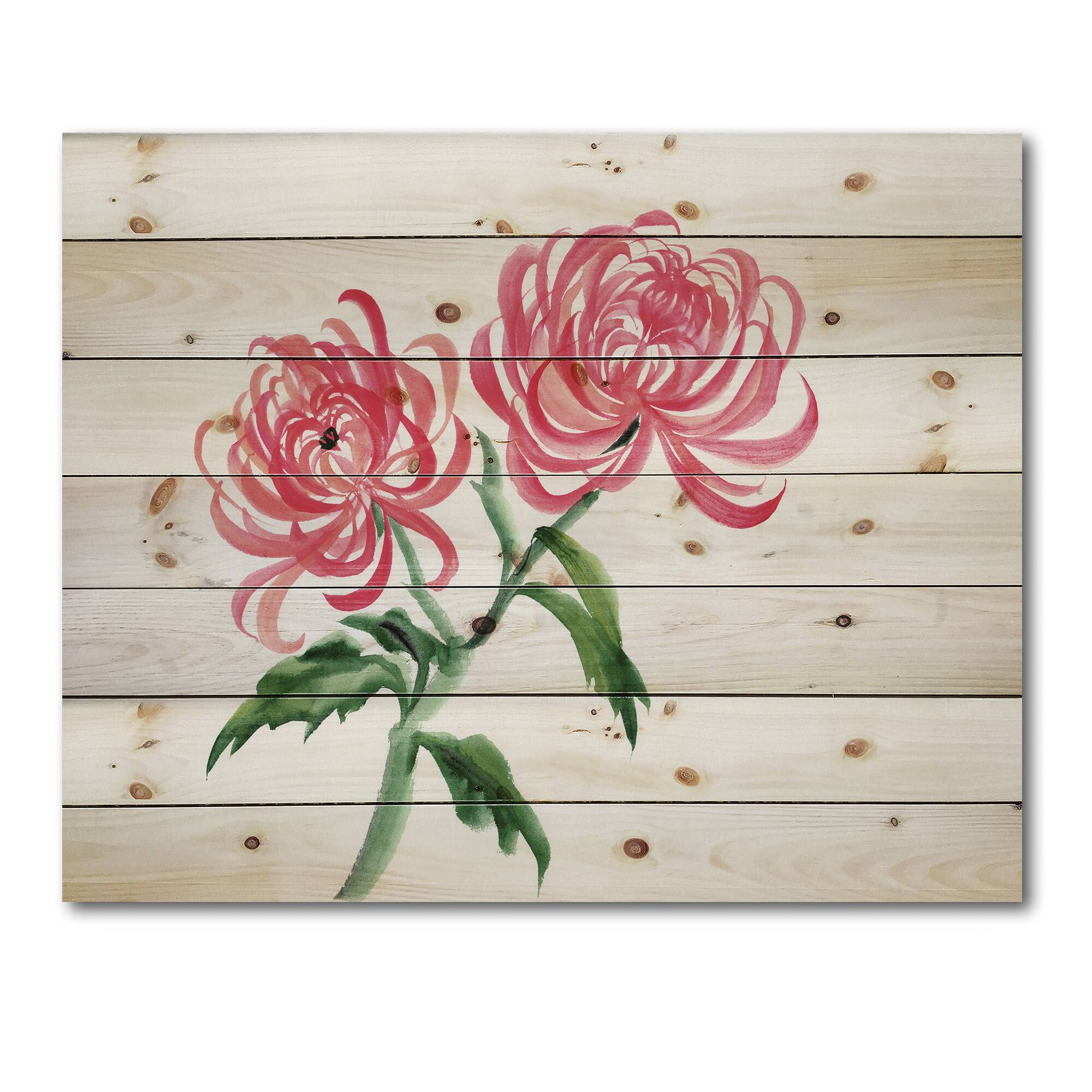 Designart - Vintage Purple Chrysanthemum Flower - Traditional Print on Natural Pine Wood