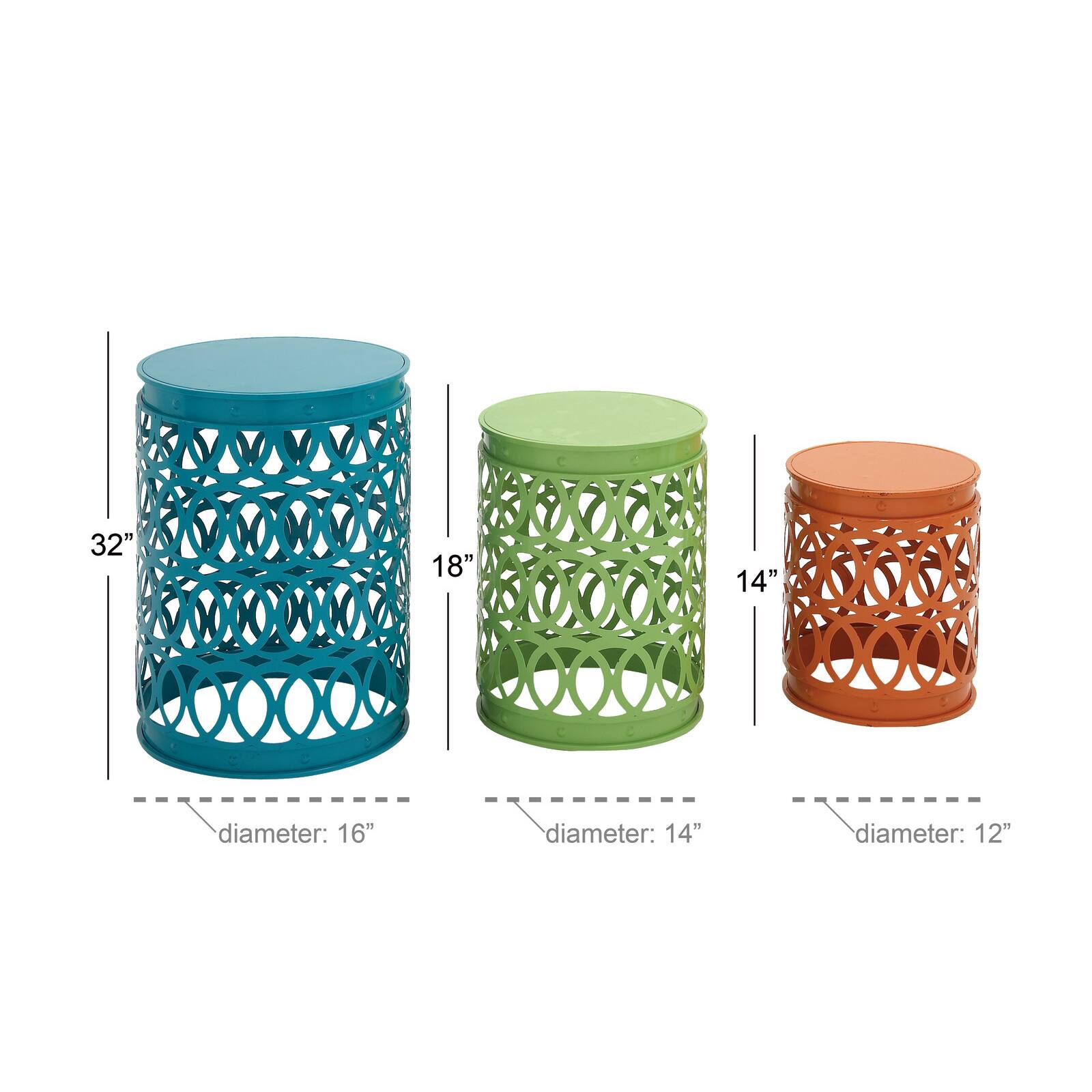 Aqua, Green & Orange Metal Coastal Accent Table Set