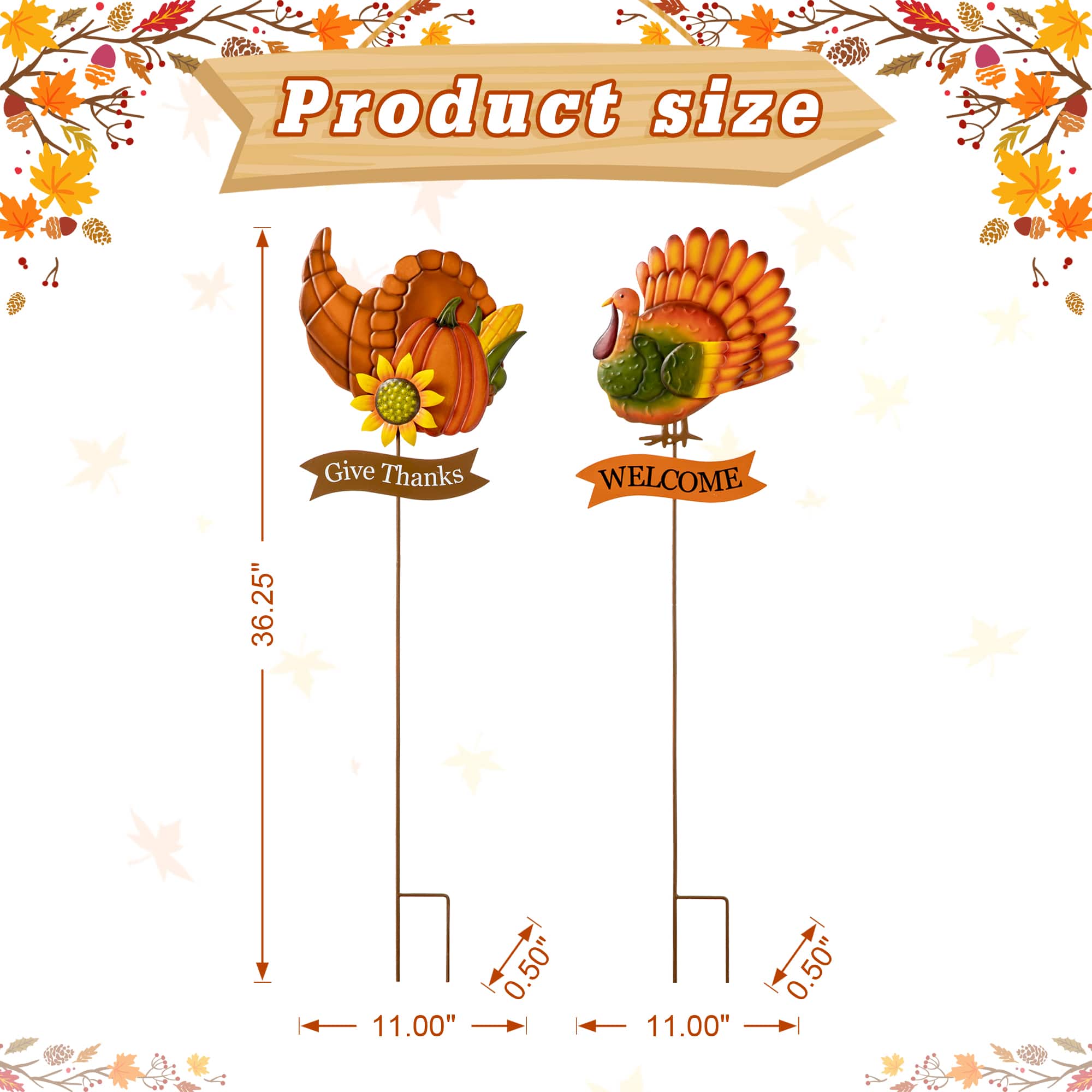 Glitzhome&#xAE; 36.25&#x22; Thanksgiving Metal Turkey &#x26; Croissant Yard Stake Set