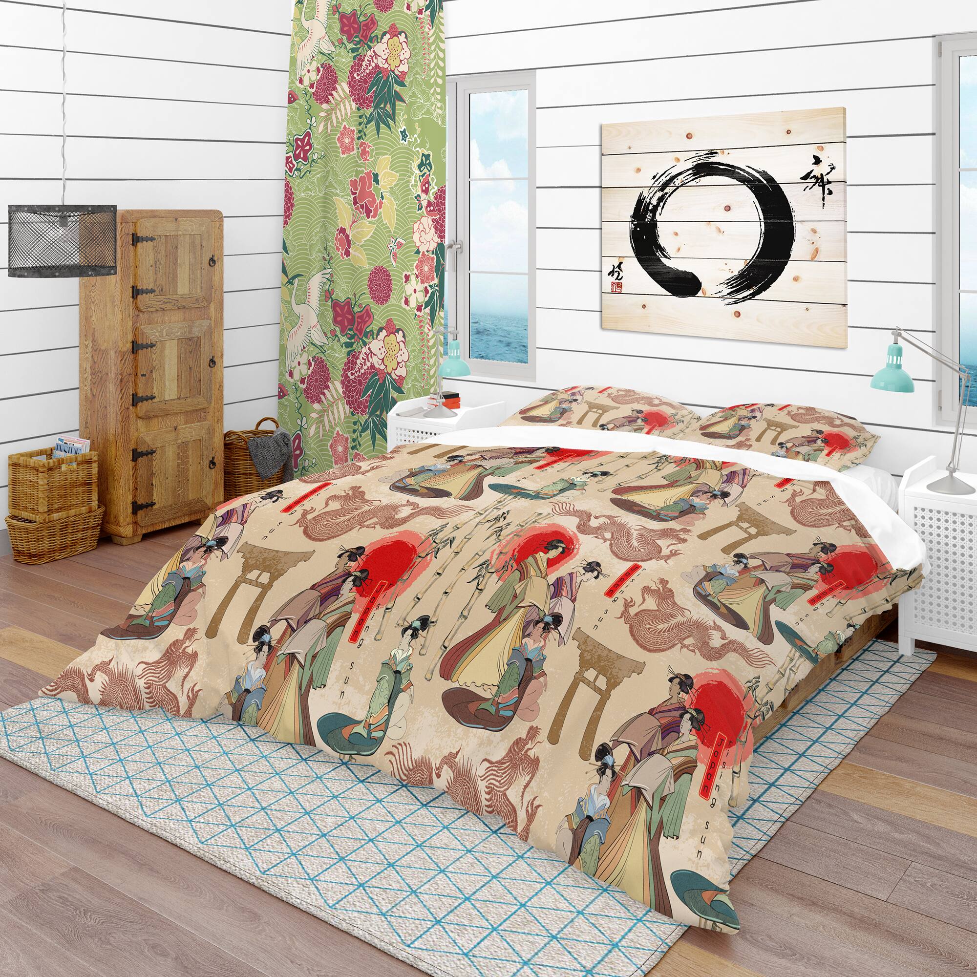 Designart &#x27;Japanese Geishas &#x26; Dragons&#x27; Oriental Bedding Set - Duvet Cover &#x26; Shams