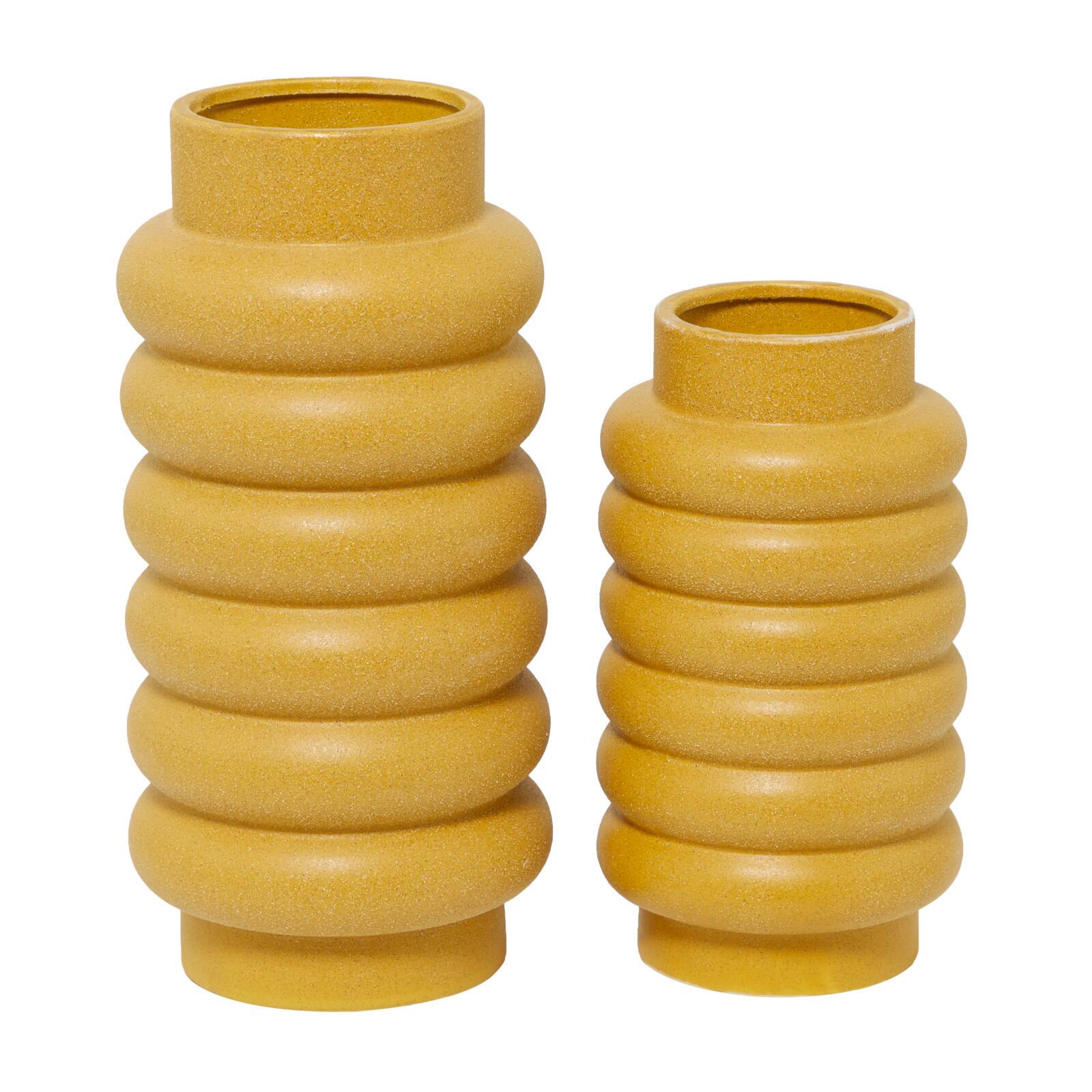 CosmoLiving by Cosmopolitan Yellow Ceramic Vase with Ring Ribbing Set of 2 16", 12"
