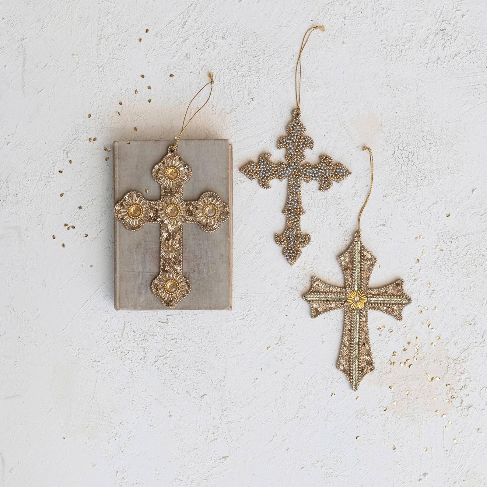 Hello Honey® 3 Pack 7" Gold & Silver Cross Acrylic Bead & Reclaimed Wood Ornaments