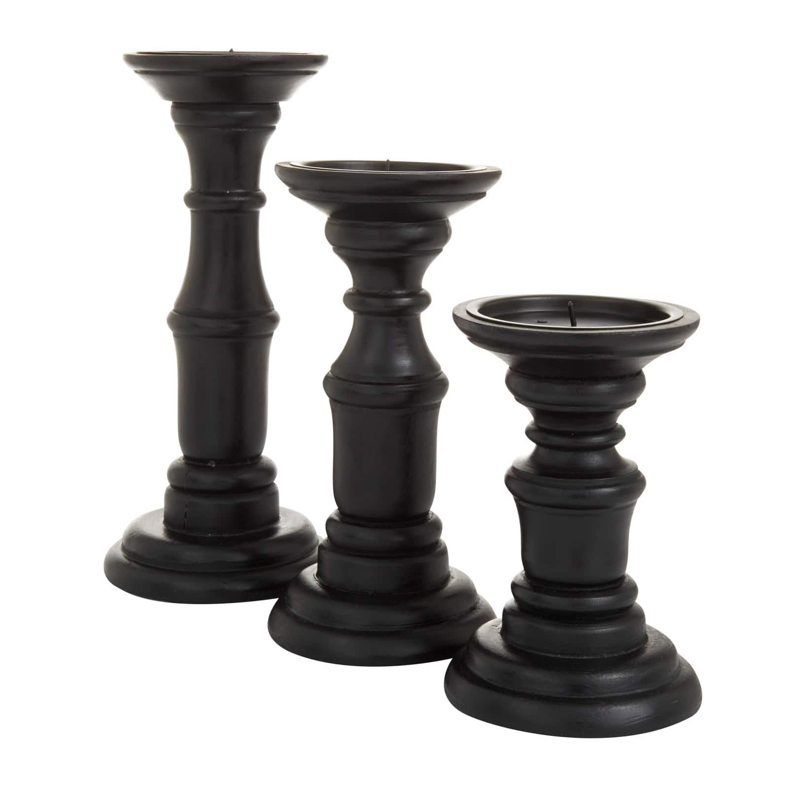 Set of 3 Black Mango Wood Traditional Candle Holders, 10&#x22; x 4&#x22; x 4&#x22;