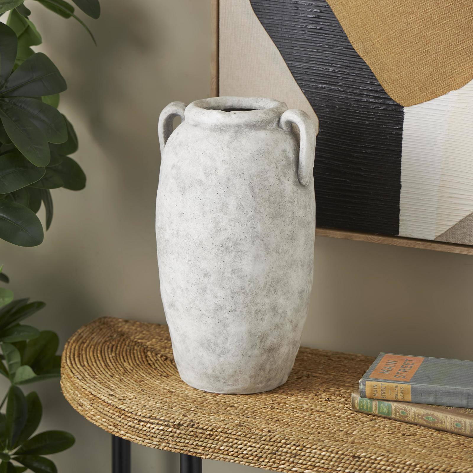 16.5" White Antique-Style Textured Ceramic Vase with and Handles