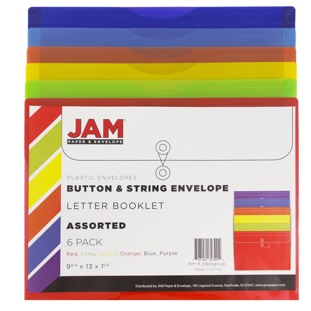 JAM Paper 9.75" x 13" Plastic Button & String Tie Closure Envelopes, 6ct.