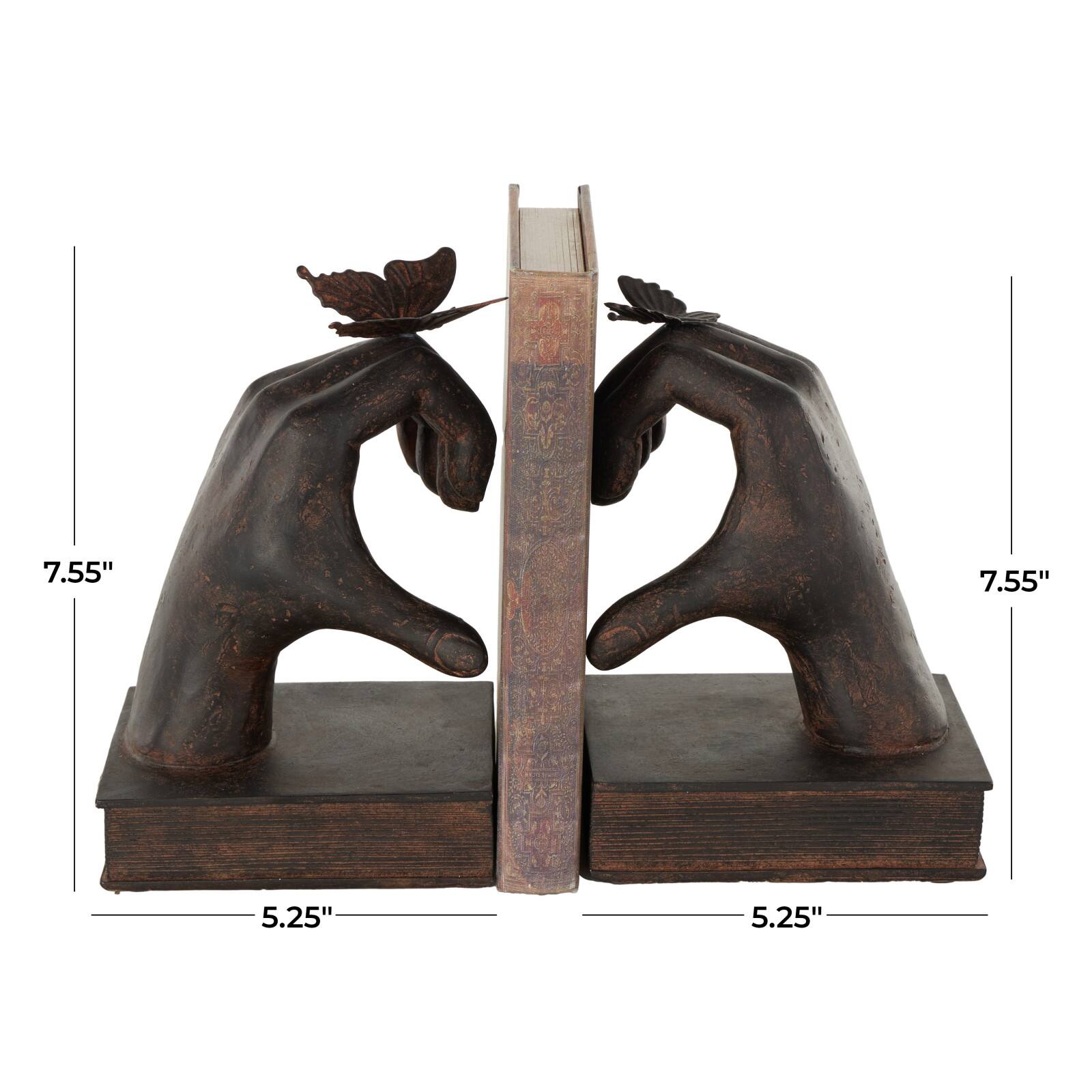 7.5" Dark Brown Hands Heart Inspired Decorative Bookend Set with Butterfly & Copper Accents