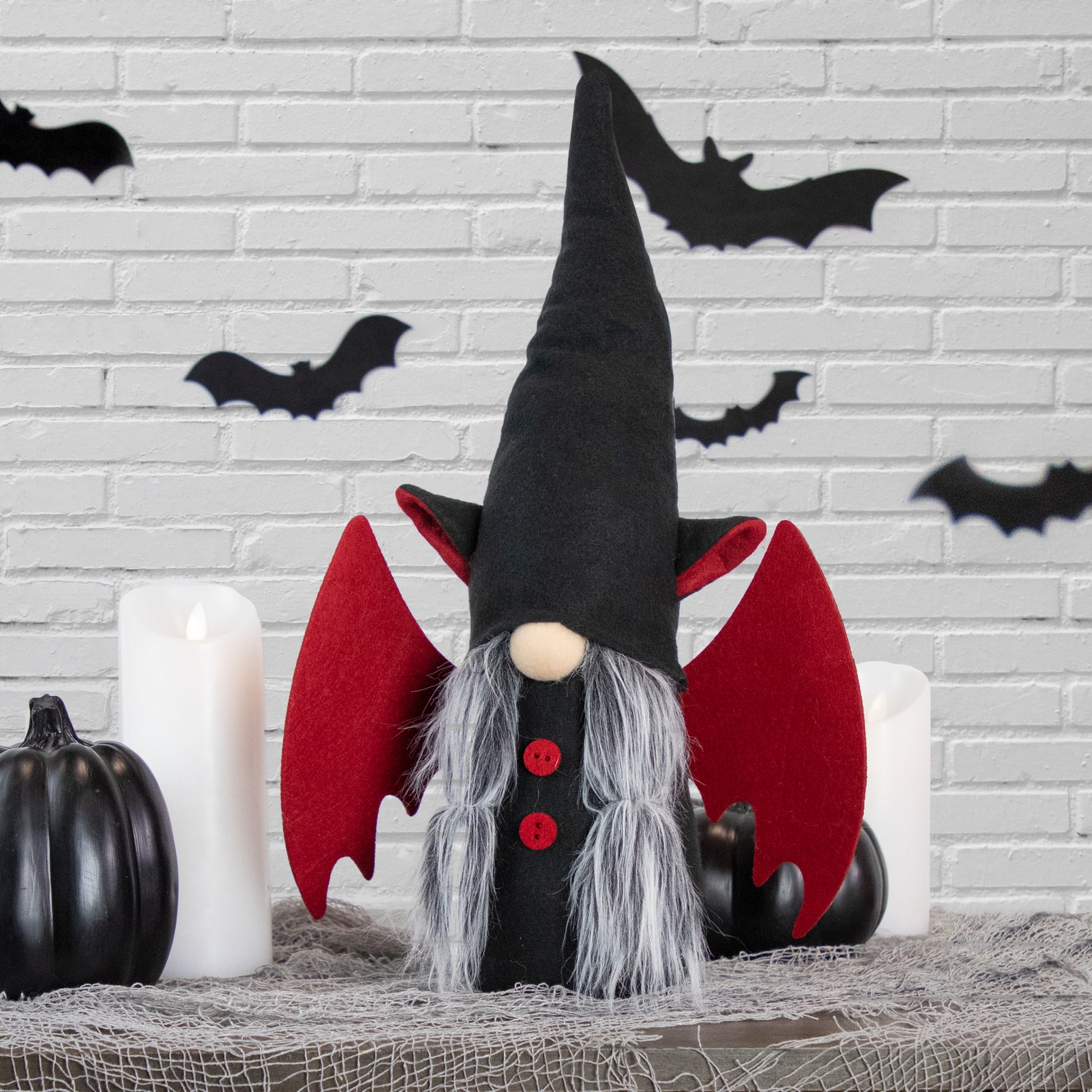 18&#x22; Female Black &#x26; Red Halloween Gnome with Bat Wings