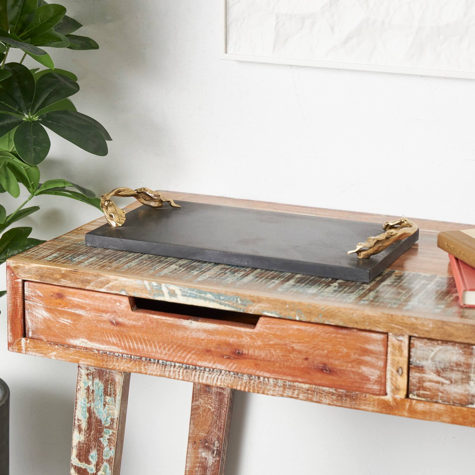 20.5" Black Marble Rectangular Tray with Gold Leaf Handles