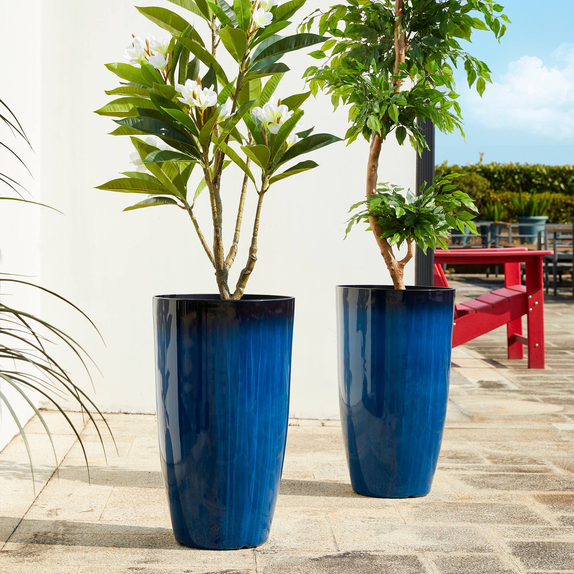 Glitzhome® 23.5" Gradient Cobalt Blue Faux Ceramic Tall Plastic Planters, 2ct.