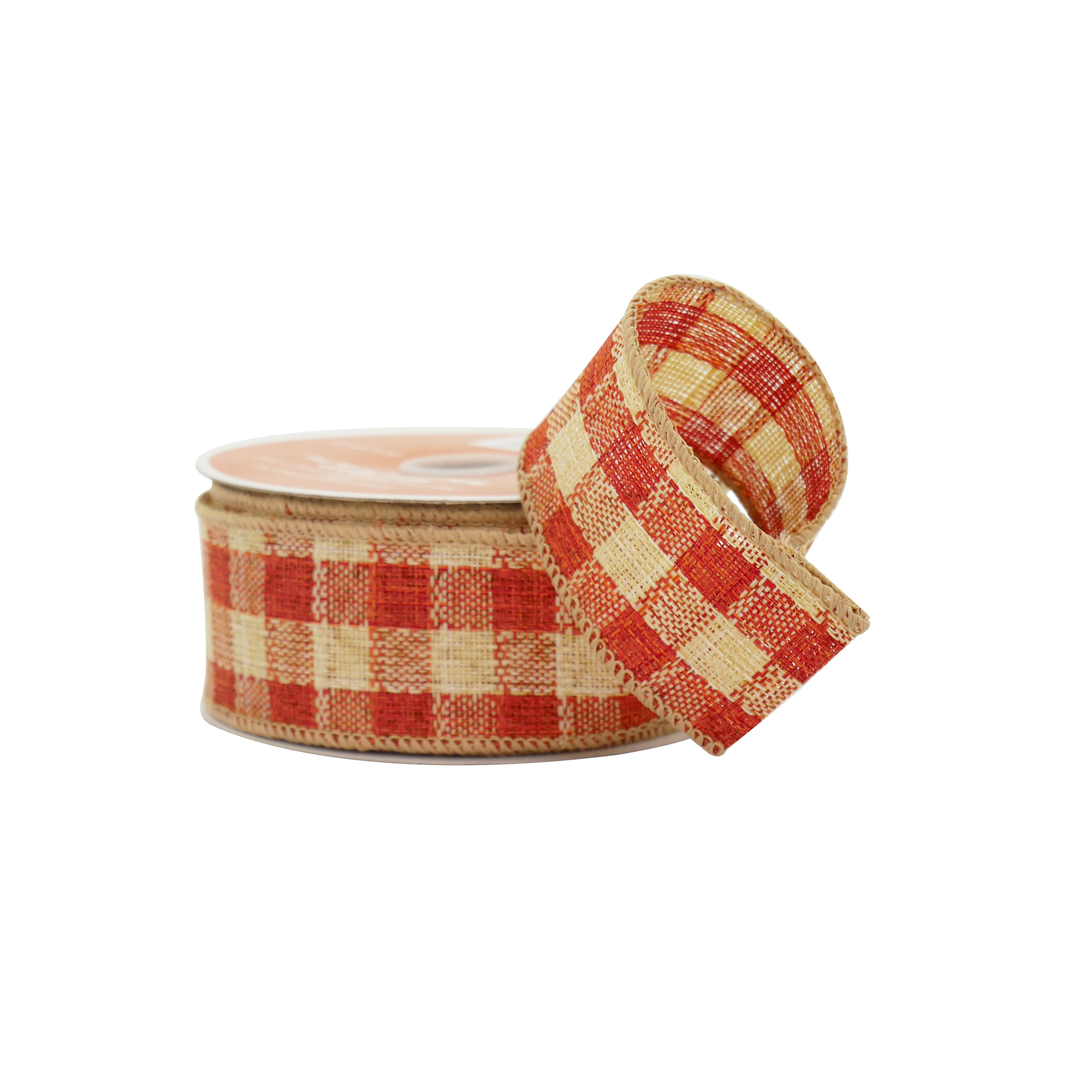 1.5&#x22; x 10yd. Orange Plaid Faux Linen Wired Ribbon by Celebrate It&#xAE;