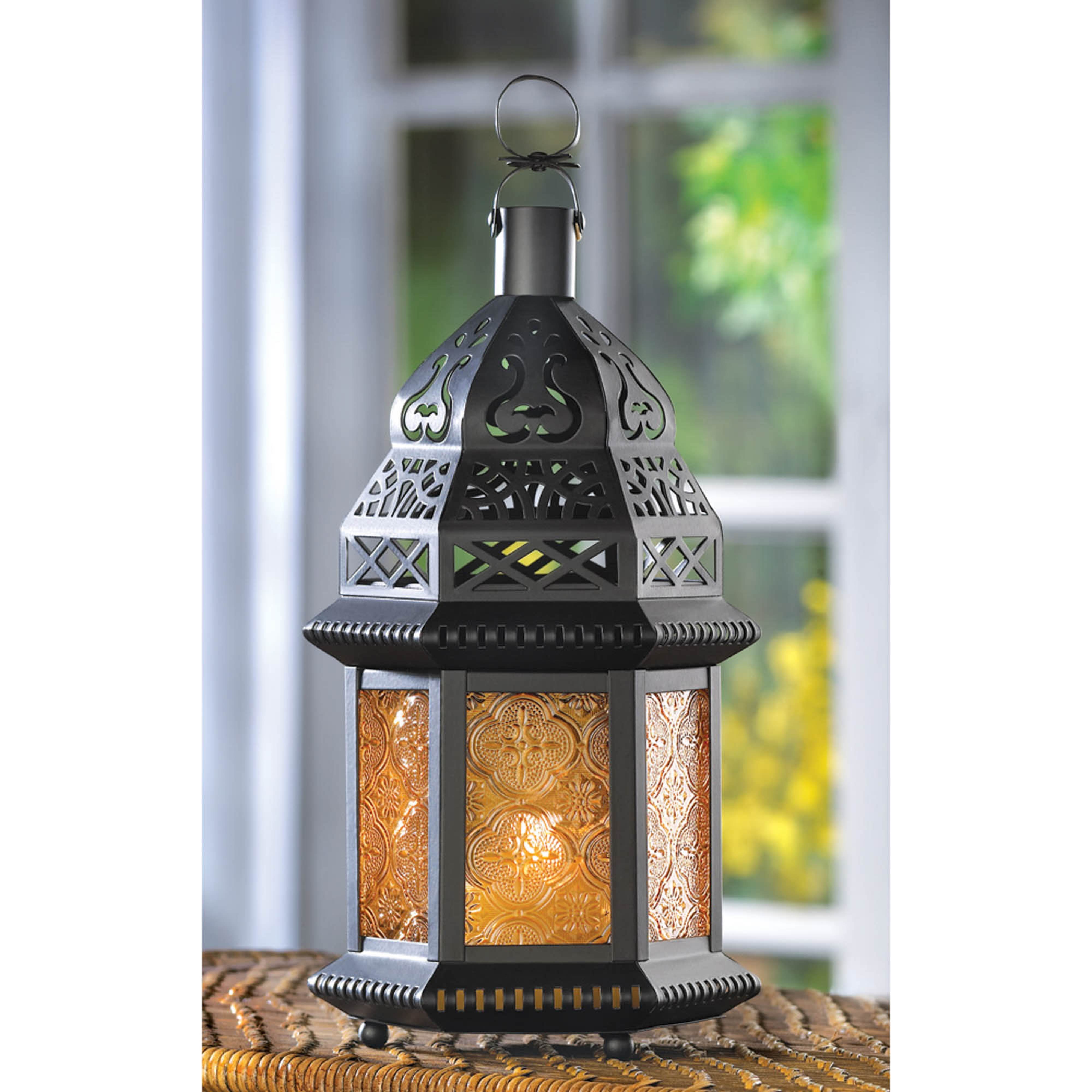 10" Black Moroccan Style Hanging Candle Lantern with Etched Yellow Glass