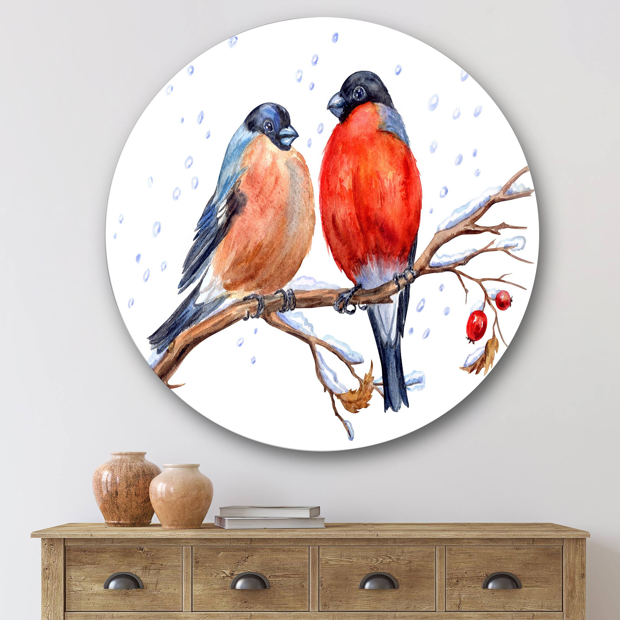 Designart - Two Bullfinches On A Hawthorn Branch with Snowfall