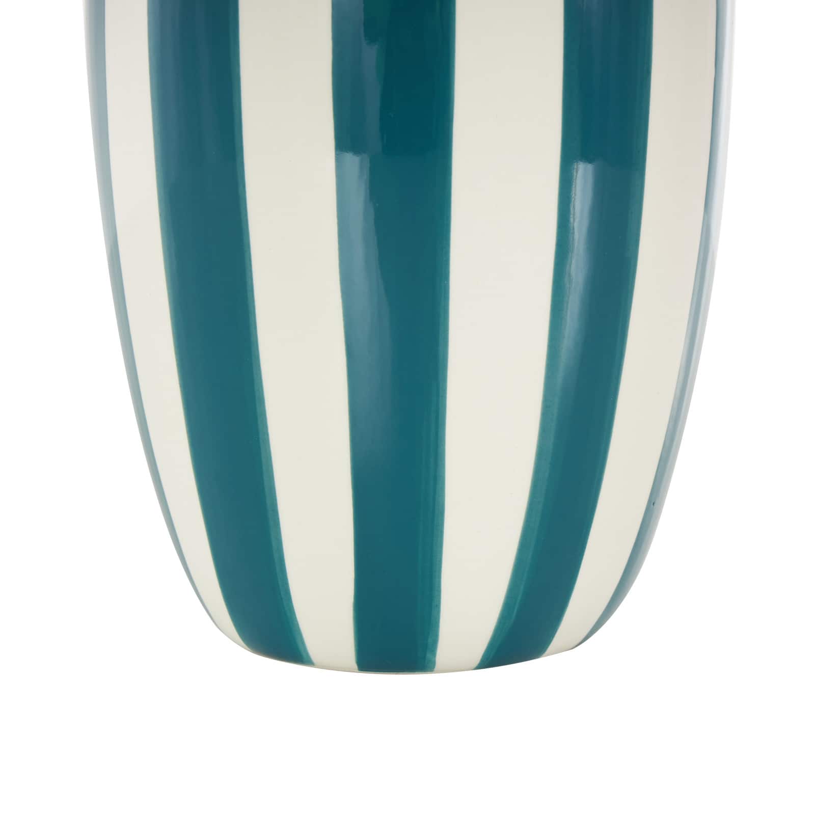 9.5" White & Teal Stripes Round Wide Ceramic Vase