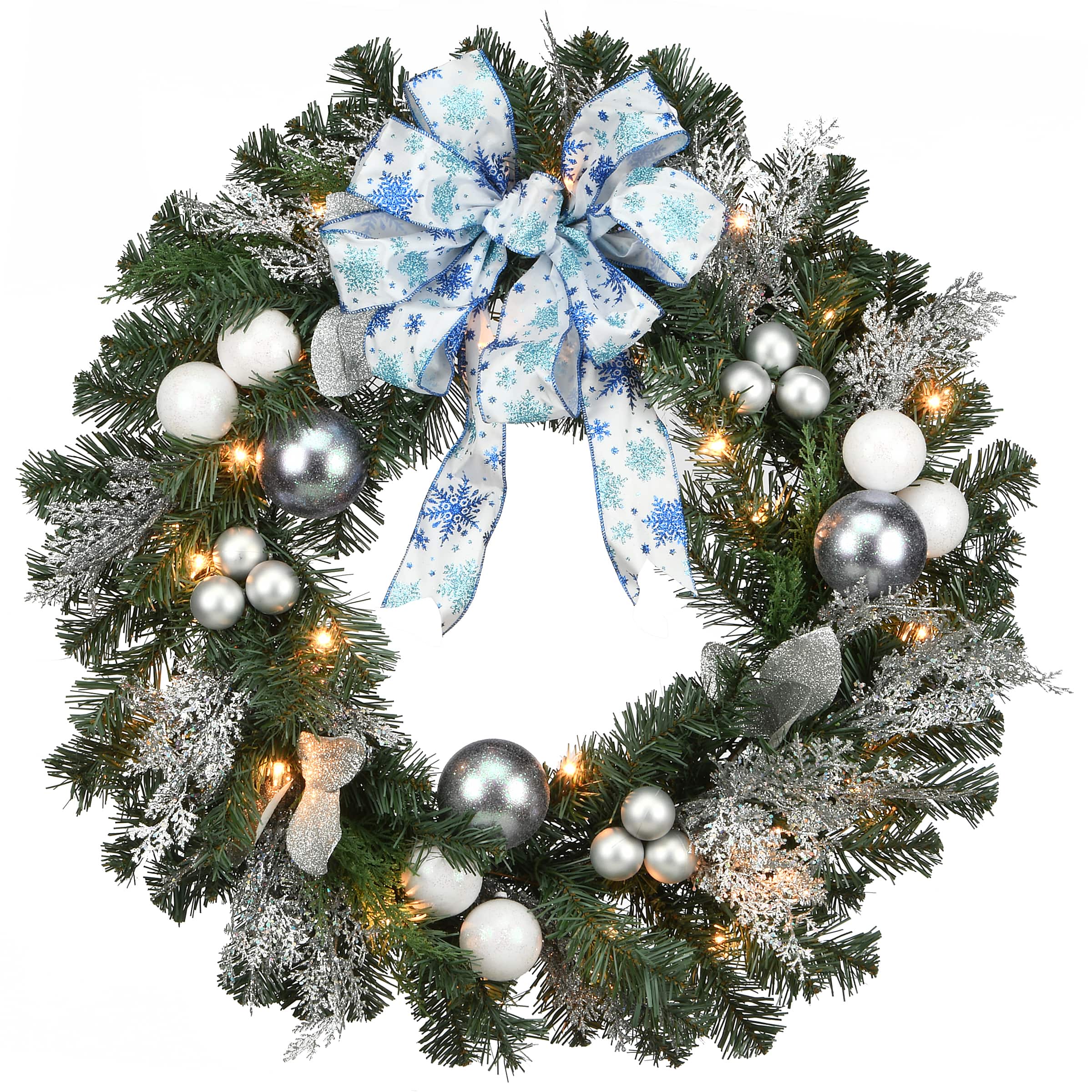 32&#x22; Pre-Lit Silver Ornament Wreath with Bow