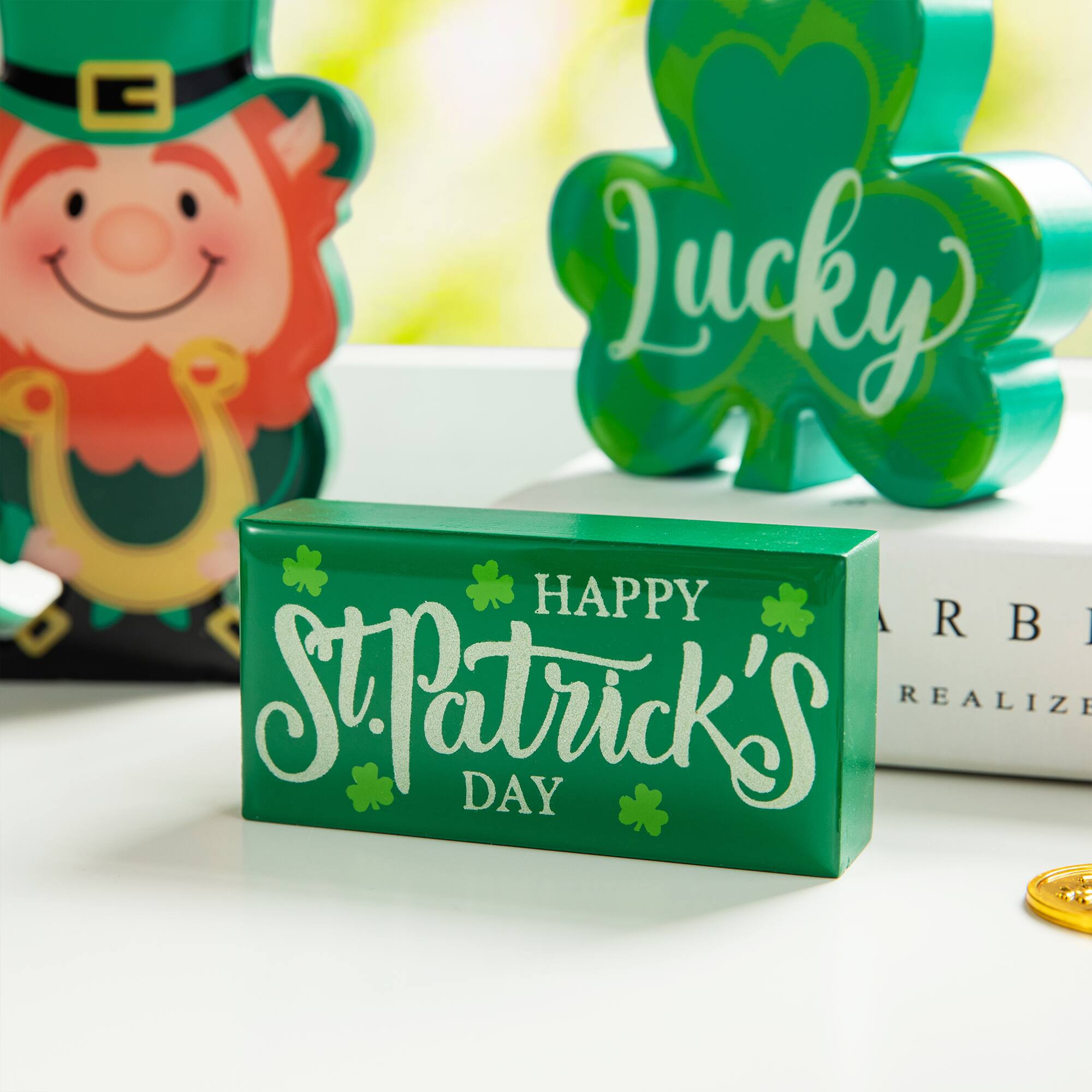 Glitzhome® St. Patrick's Shamrock, Pot of Gold & Leprechaun Table Décor Set